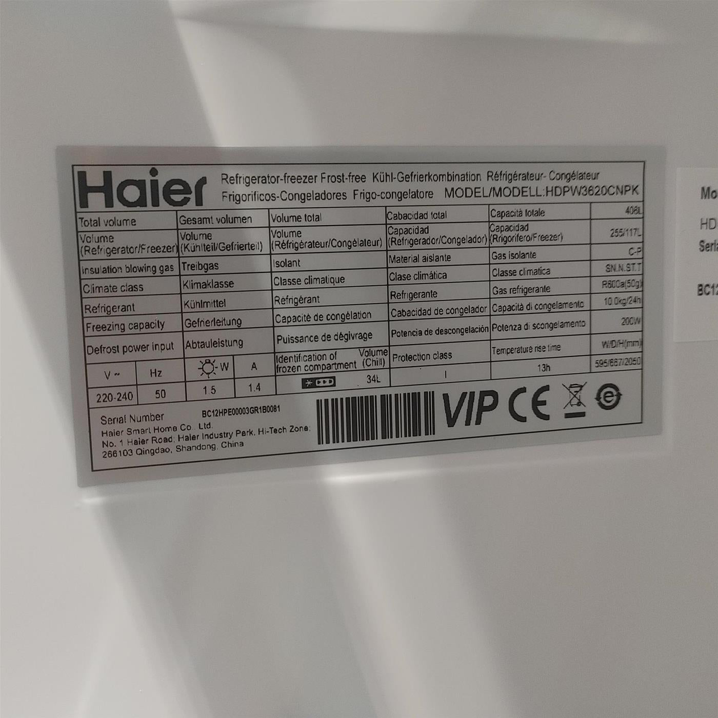 Frigorifero Haier 2D 60 Serie 3 HDPW3620CNPK 406 L