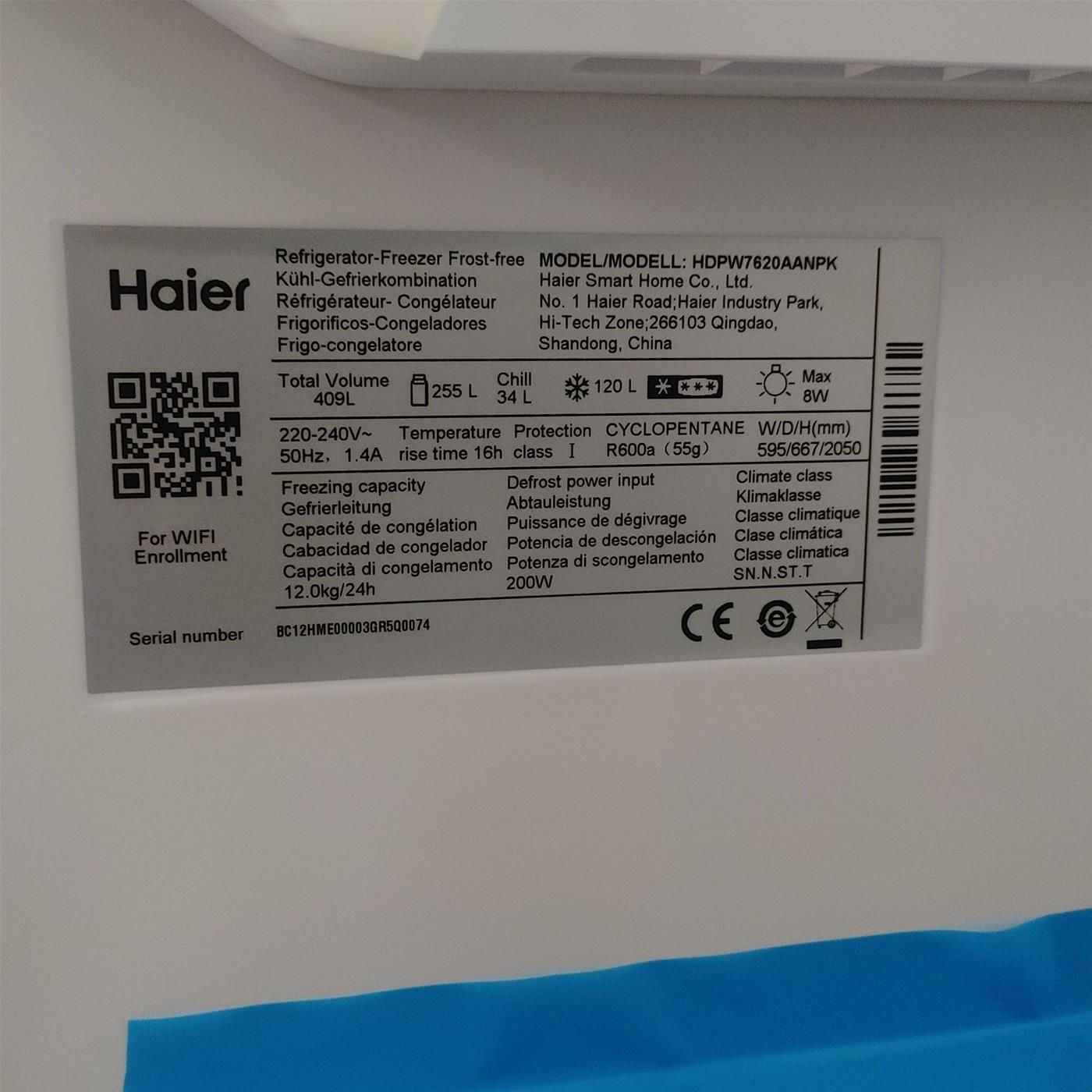Frigorifero Haier HDPW7620AANPK Classe A 409 L
