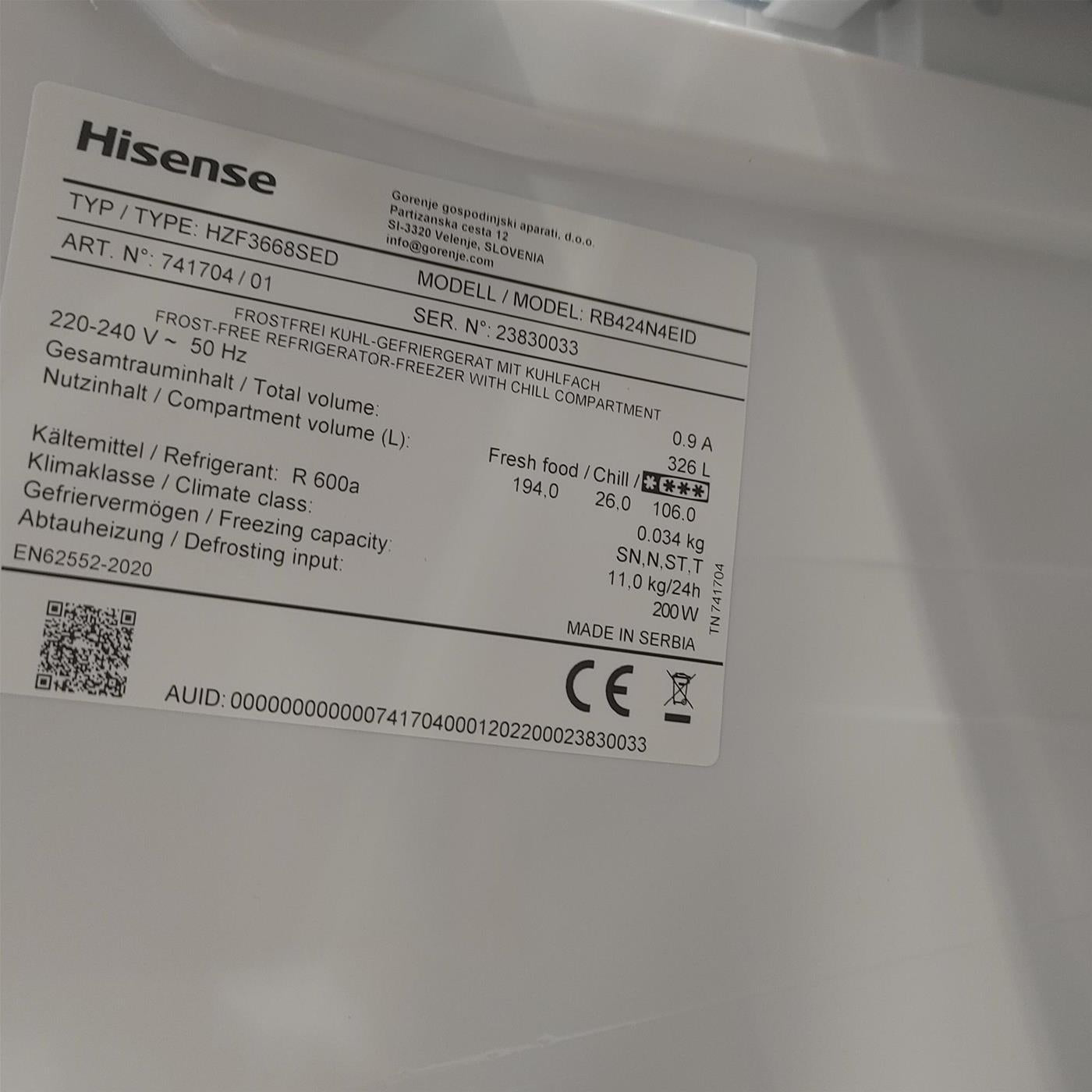 Hisense RB424N4EID HZF3668SED Classe energetica: D 326 L Indipendente