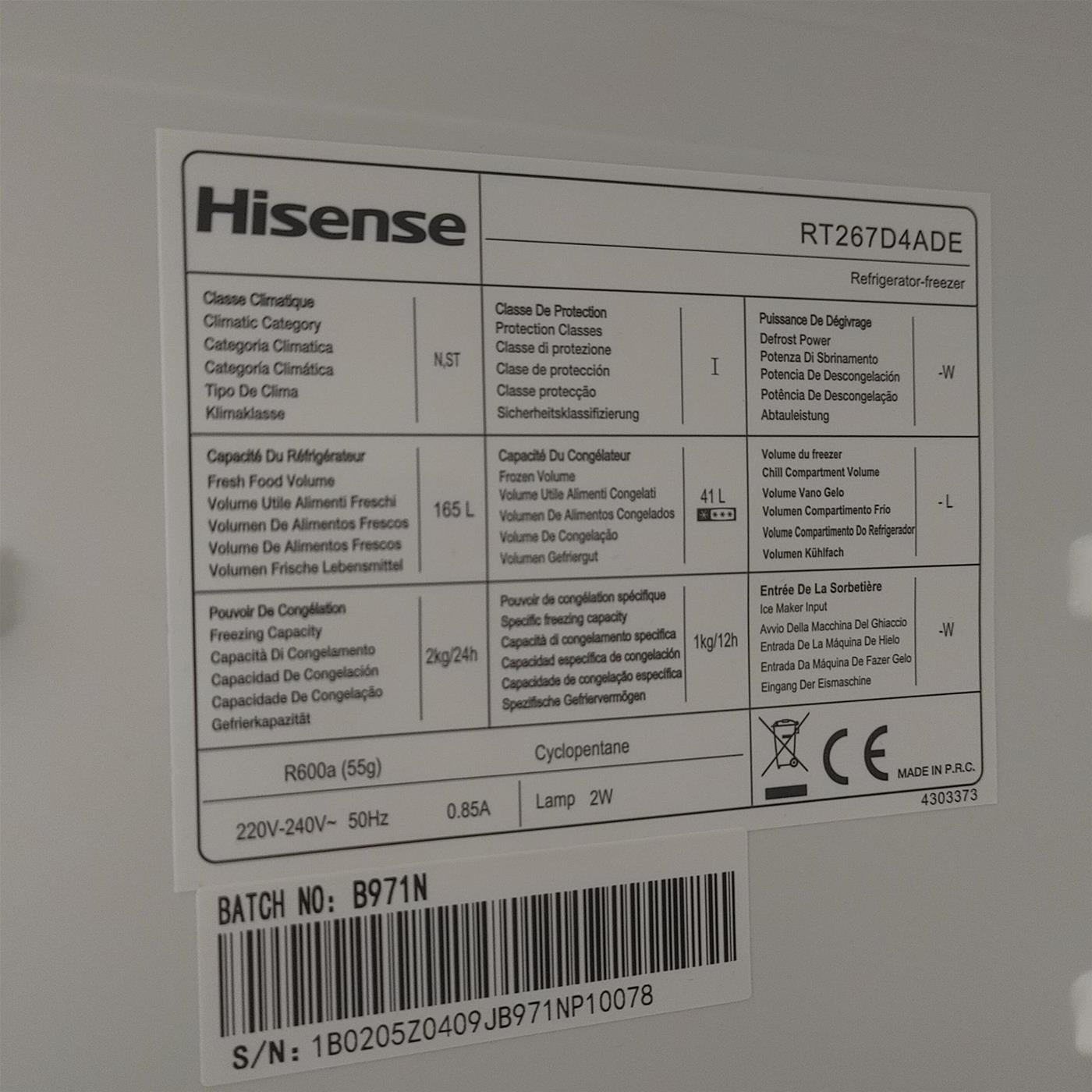 Frigorifero Hisense RT267D4ADE 206 Litri