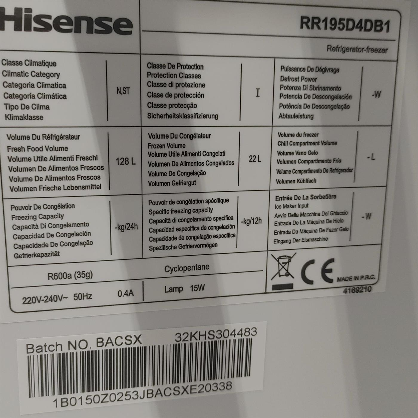 Frigorifero monoporta Hisense RR195D4DB1 128 L