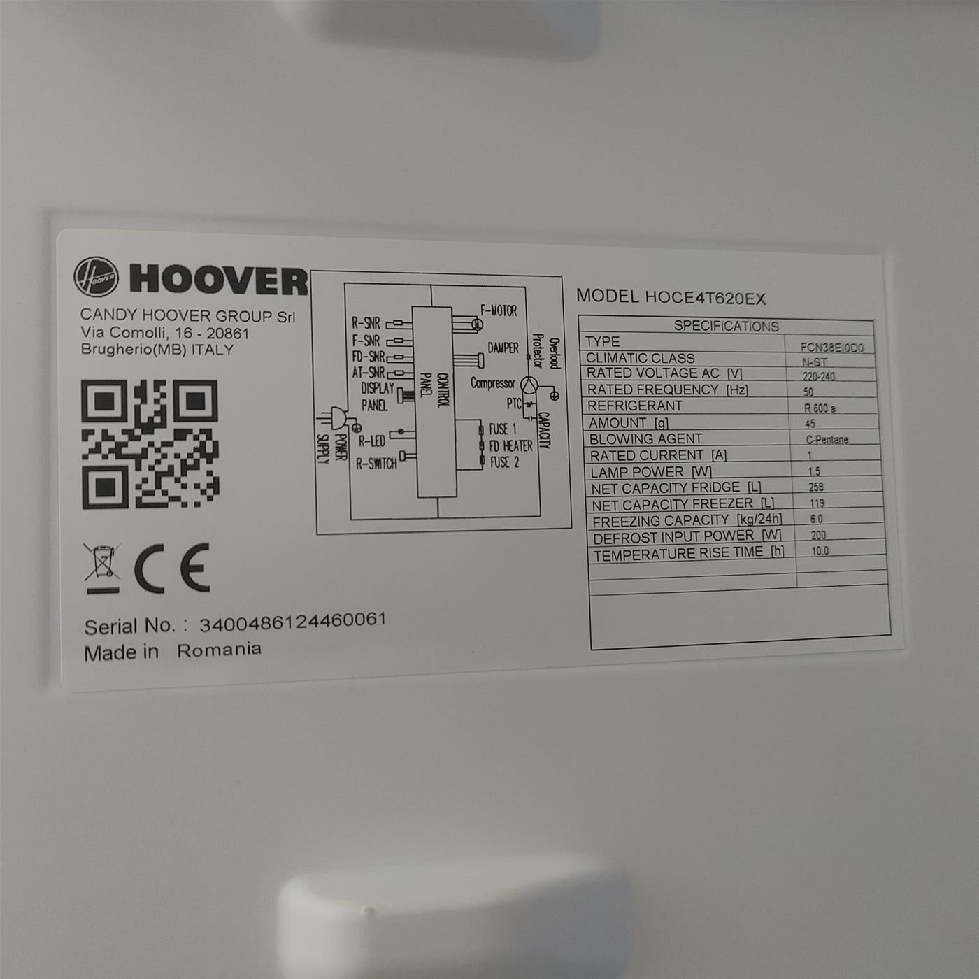 Hoover H-FRIDGE 500 HOCE4T620EX Libera installazione 377 LE Argento