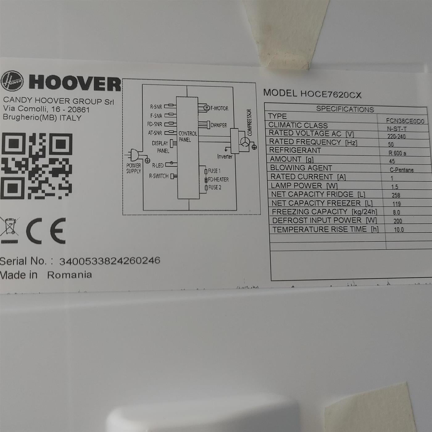 Hoover H-FRIDGE 700 HOCE7620CX Libera installazione 377 L C Alluminio