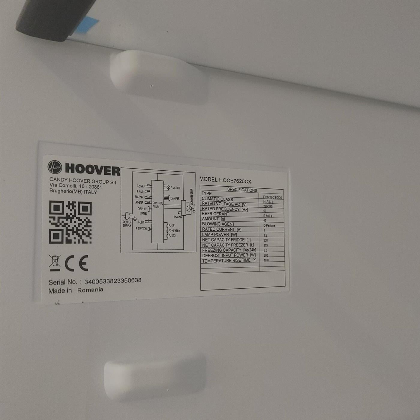 Frigorifero Hoover H-FRIDGE 700 HOCE7620CX Libera installazione 377 L