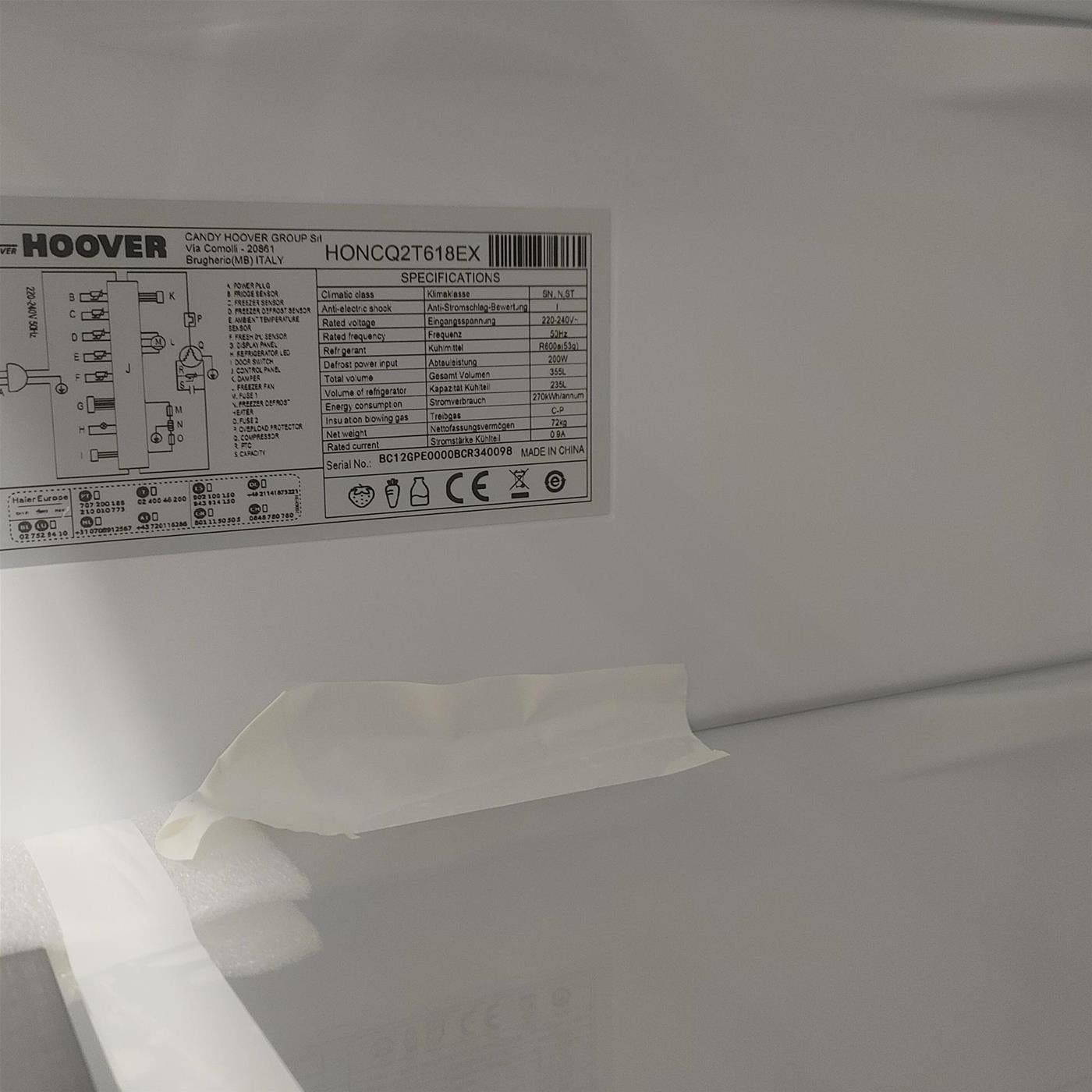 Frigorifero Hoover HONCQ2T618EX Libera installazione 355 L