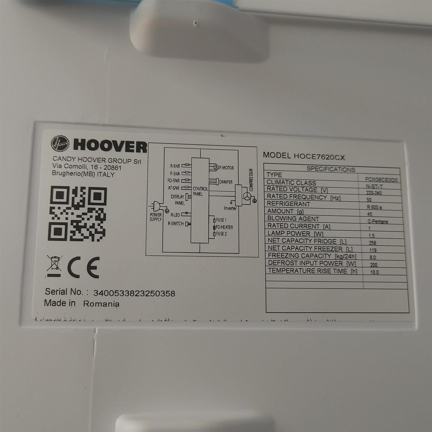 Frigorifero Hoover H-FRIDGE 700 HOCE7620CX Libera installazione 377 L C Alluminio