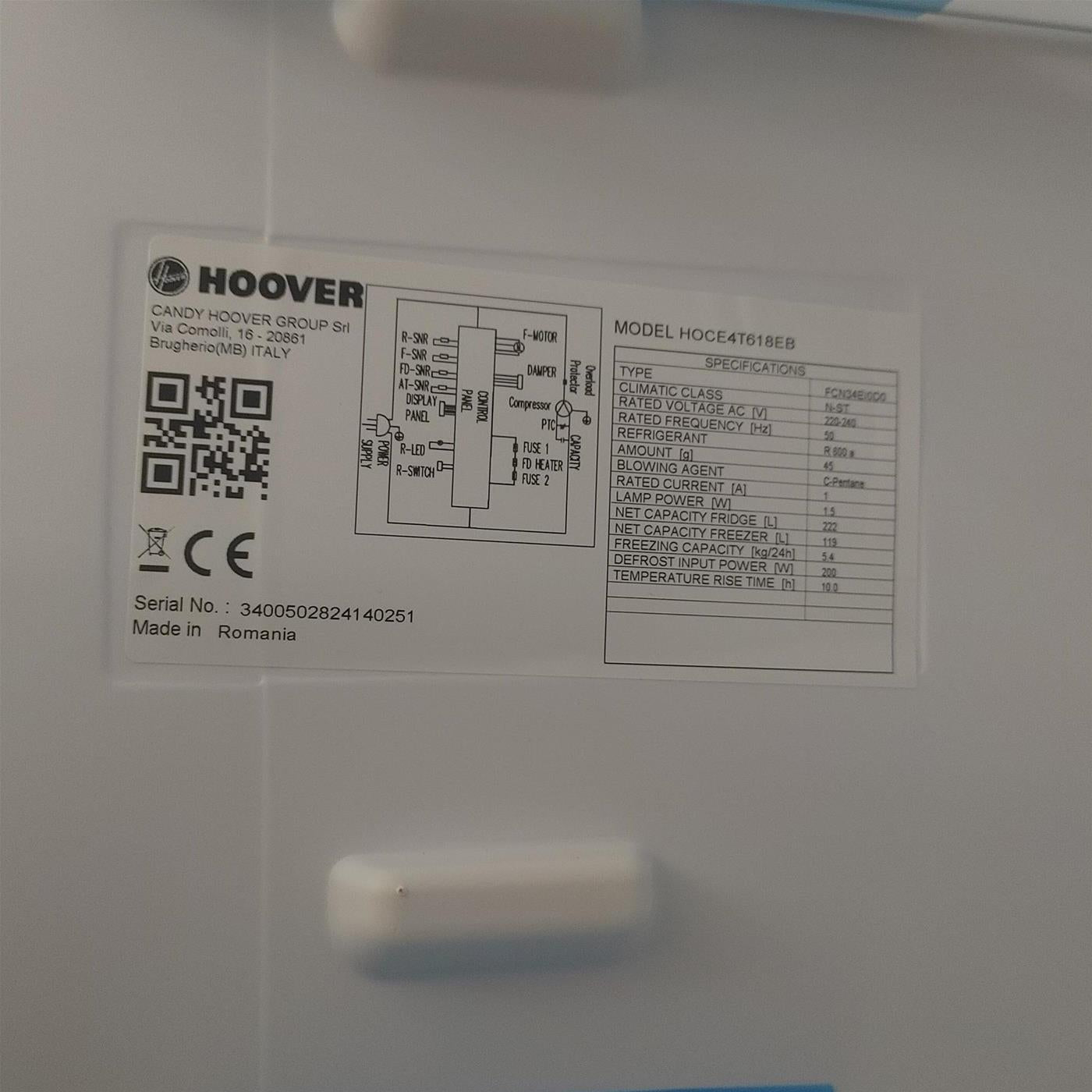 Hoover H-FRIDGE 500 HOCE4T618EB Libera Installazione 341 LE Nero