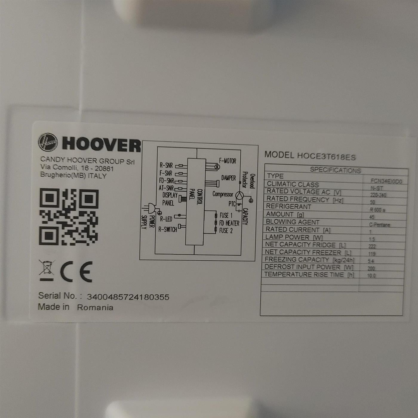 Hoover H-FRIDGE 500 LITE HOCE3T618ES Libera Installazione 341 LE Silver