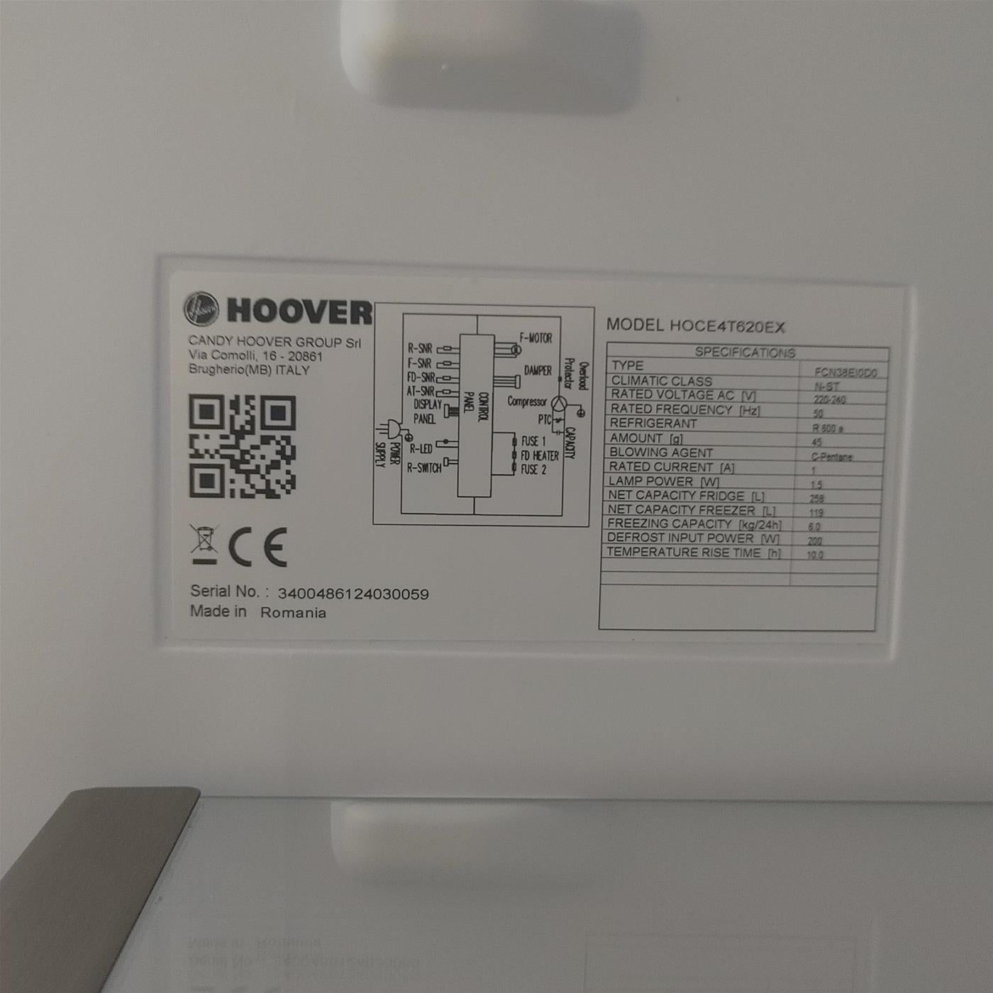 Hoover H-FRIDGE 500 HOCE4T620EX Libera installazione 377 LE Argento