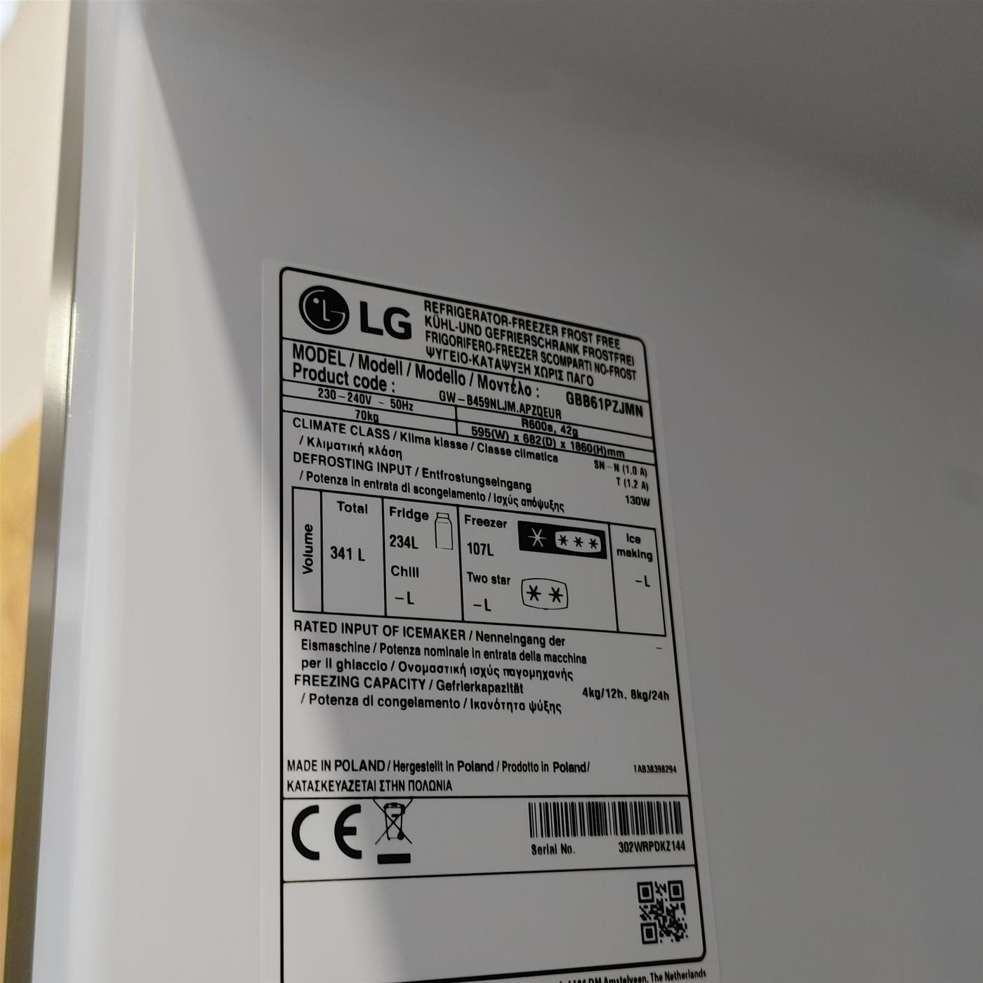 LG GBB61PZJMN Total No Frost, frigorifero con congelatore Libera installazione 341 L E Acciaio inossidabile