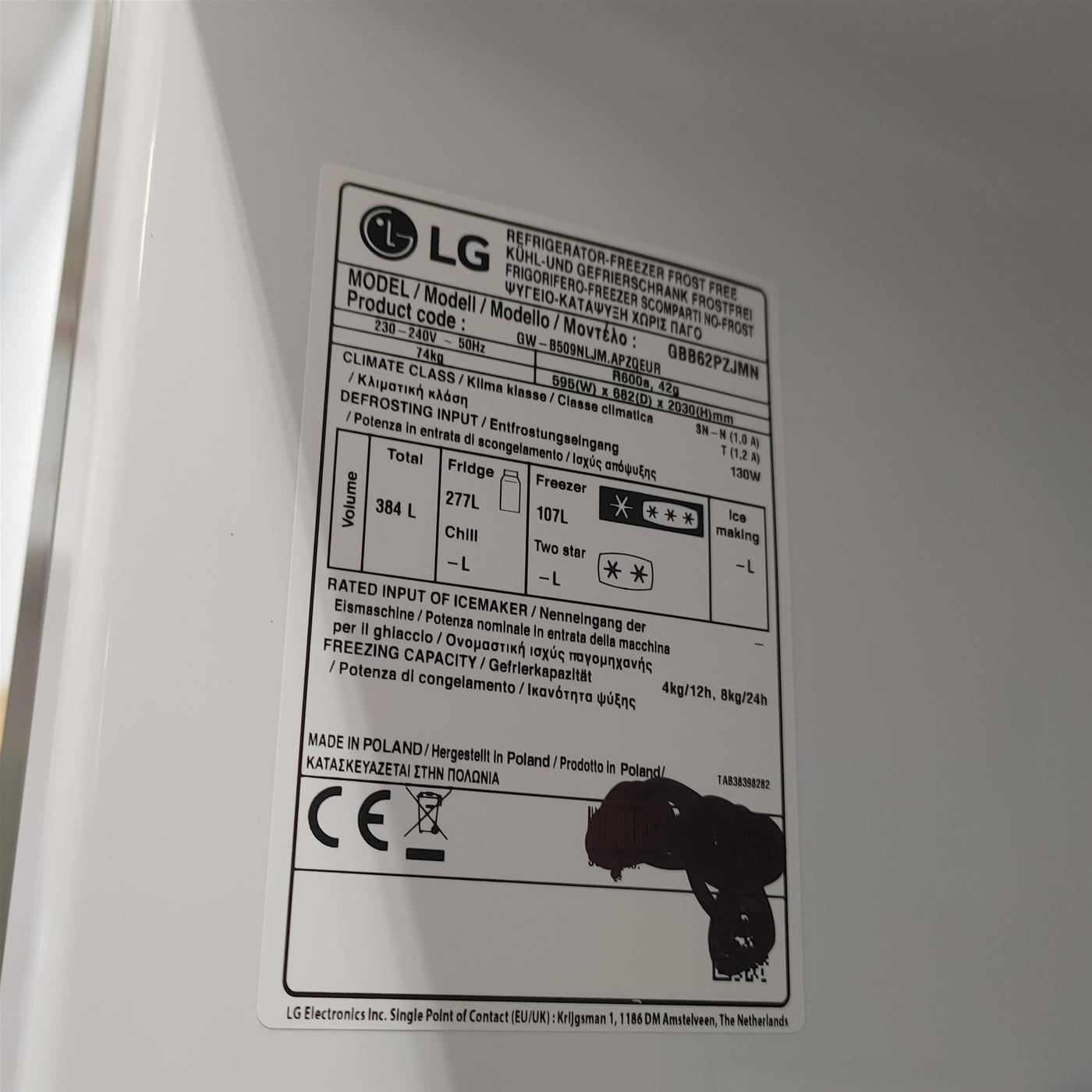 LG GBB62PZJMN frigorifero con congelatore Libera installazione 384 L E Acciaio inossidabile