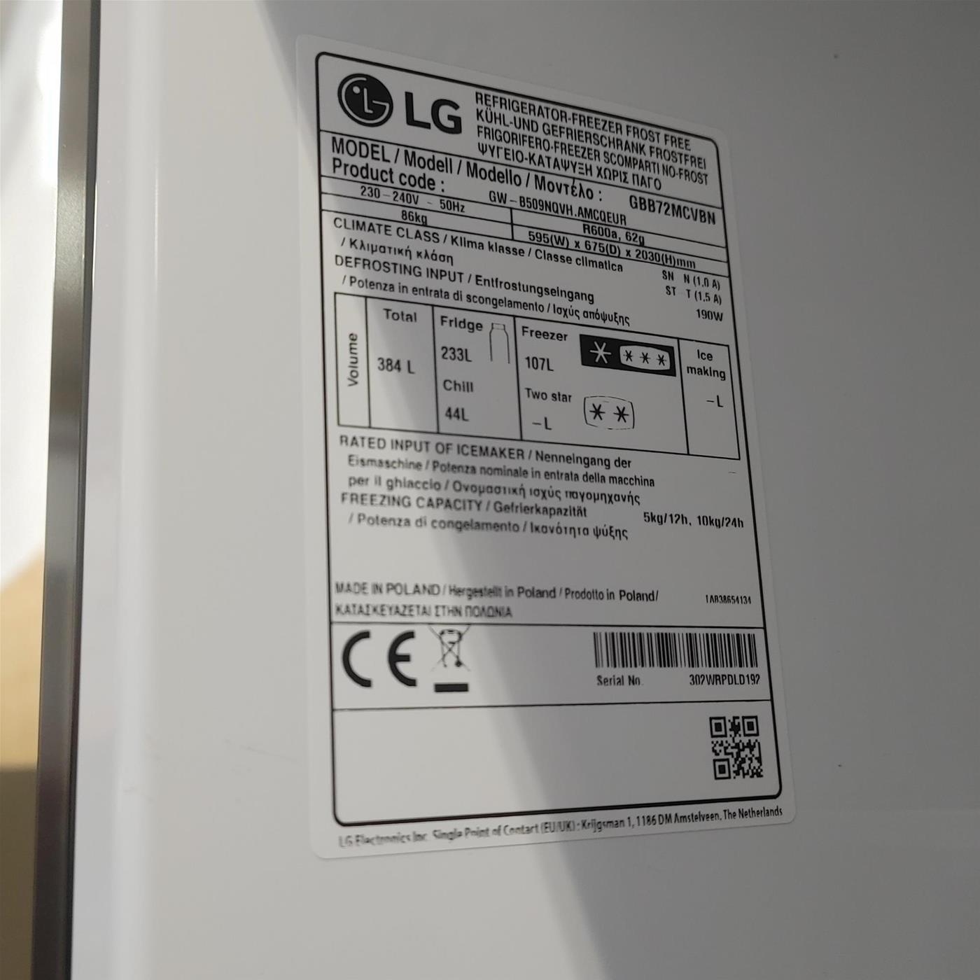 LG GBB72MCVBN frigorifero con congelatore Libera installazione 384 L B Nero, Metallico