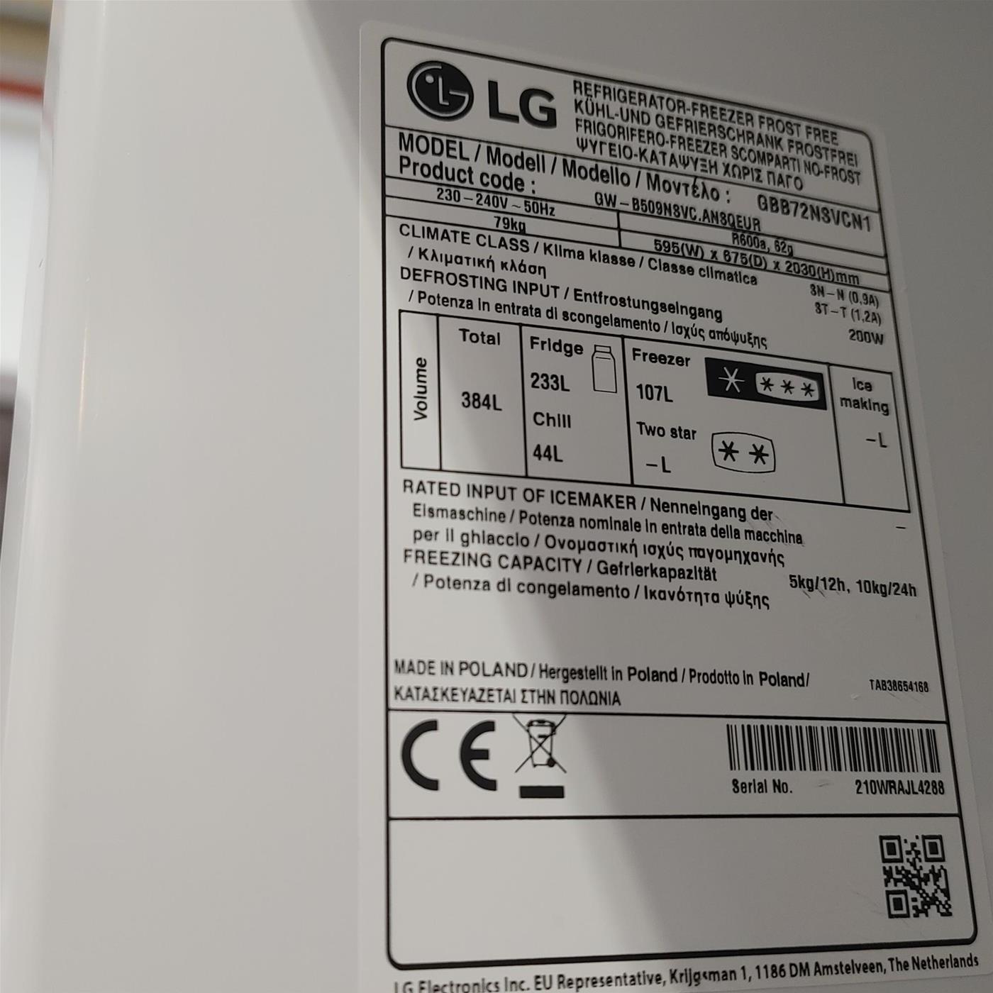 LG GBB72NSVCN Frigorifero combinato, Classe C, 384L, Wine Rack, No frost, Noble Steel