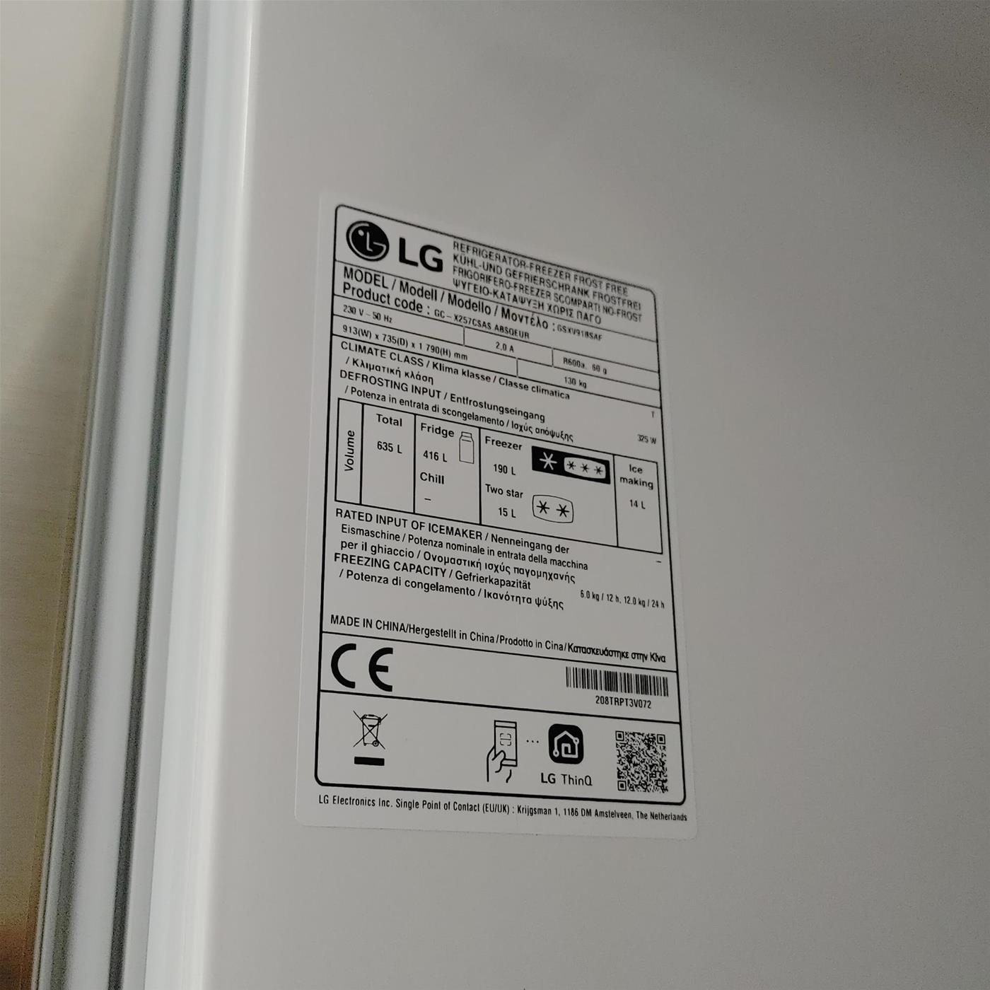 LG GSXV91BSAF Frigorifero Side-by-Side InstaView, Classe F, 635L, Wi-Fi, Senza allaccio