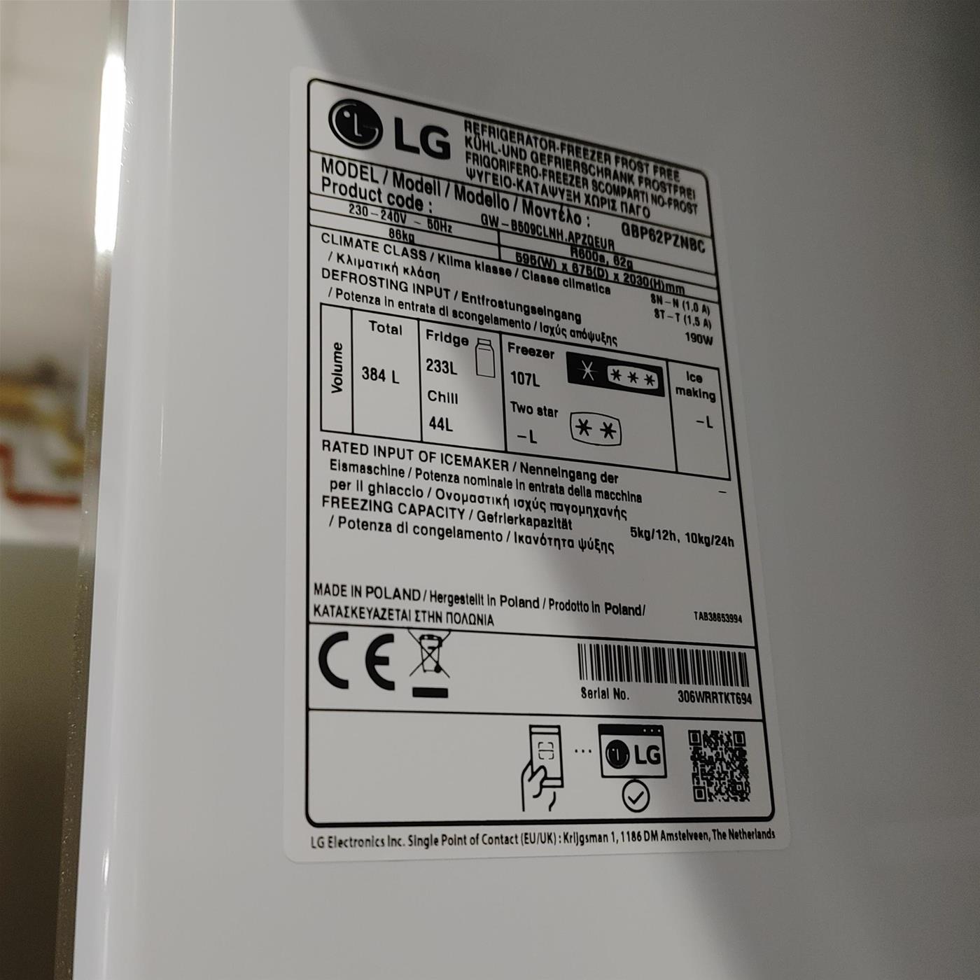 LG GBP62PZNBC frigorifero con congelatore Libera installazione 384 L B Acciaio inossidabile