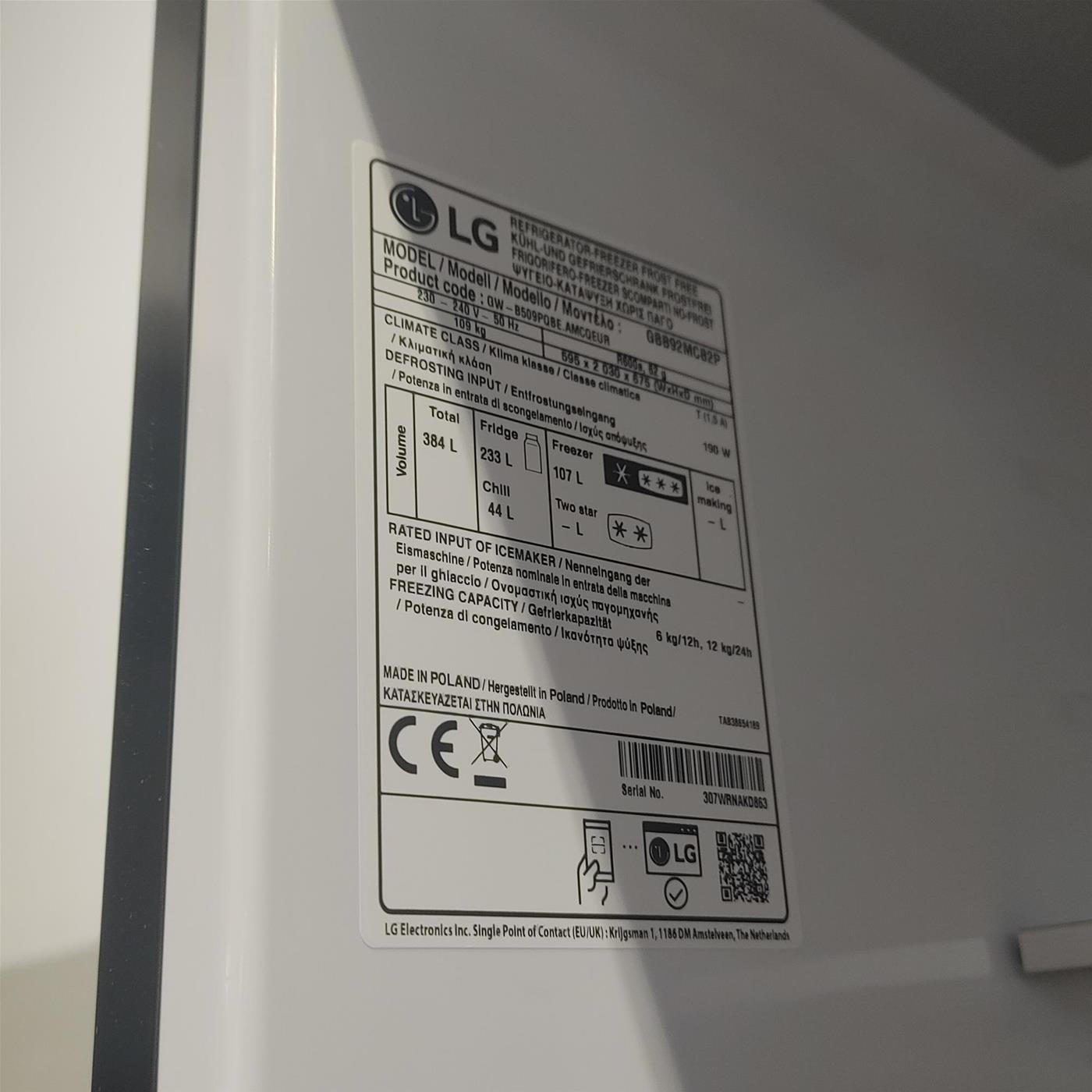 Frigocongelatore LG GBB92MCB2P Libera installazione 384 LA Nero