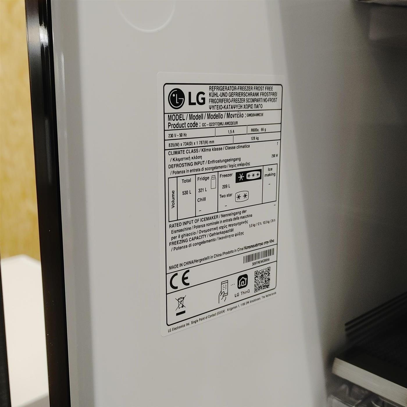 Frigorifero side-by-side LG InstaView GMQ844MC5E Libera installazione 530 LE Nero