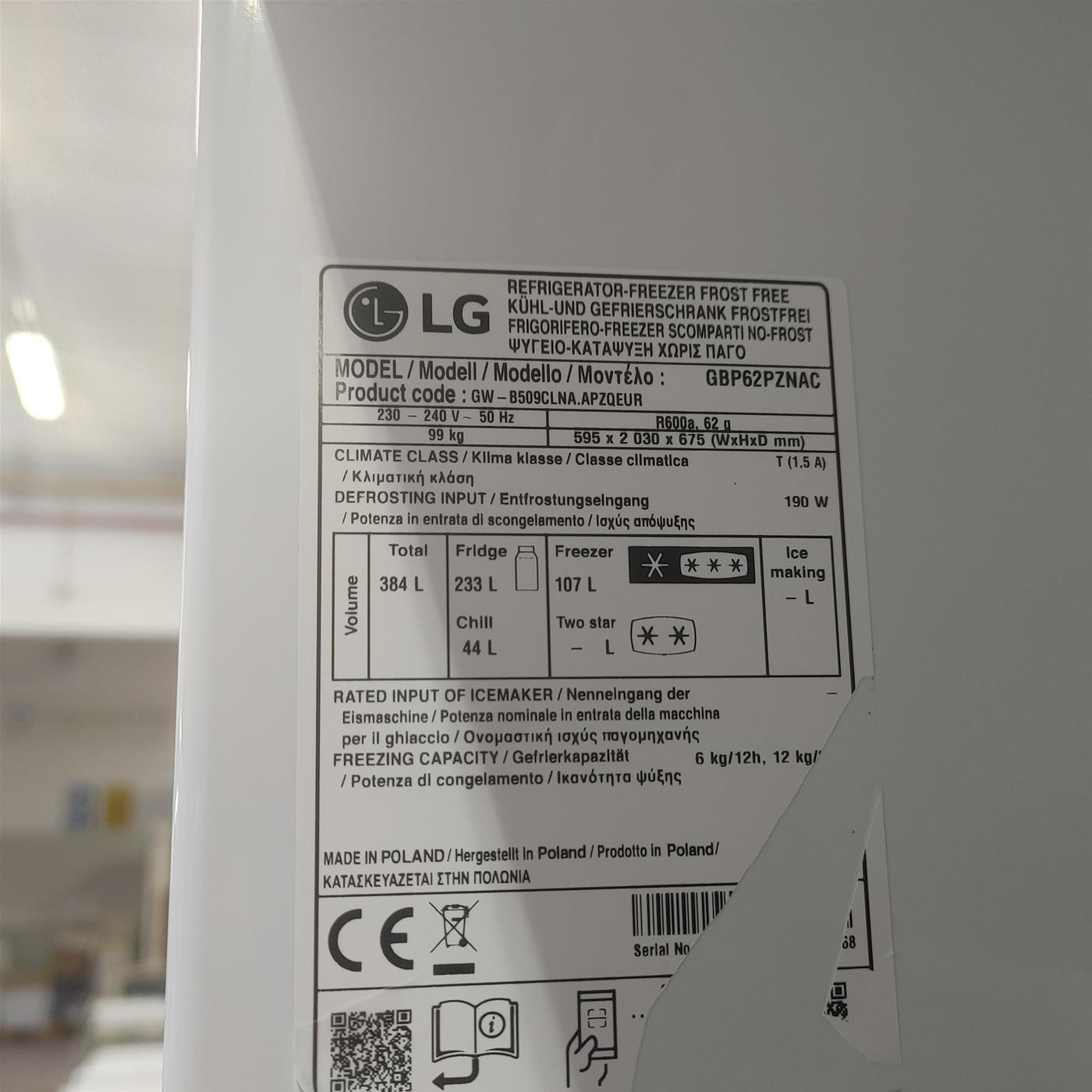 LG GBP62PZNAC Frigorifero combinato, Classe A, 384L, Fresh Converter, No frost, Inox