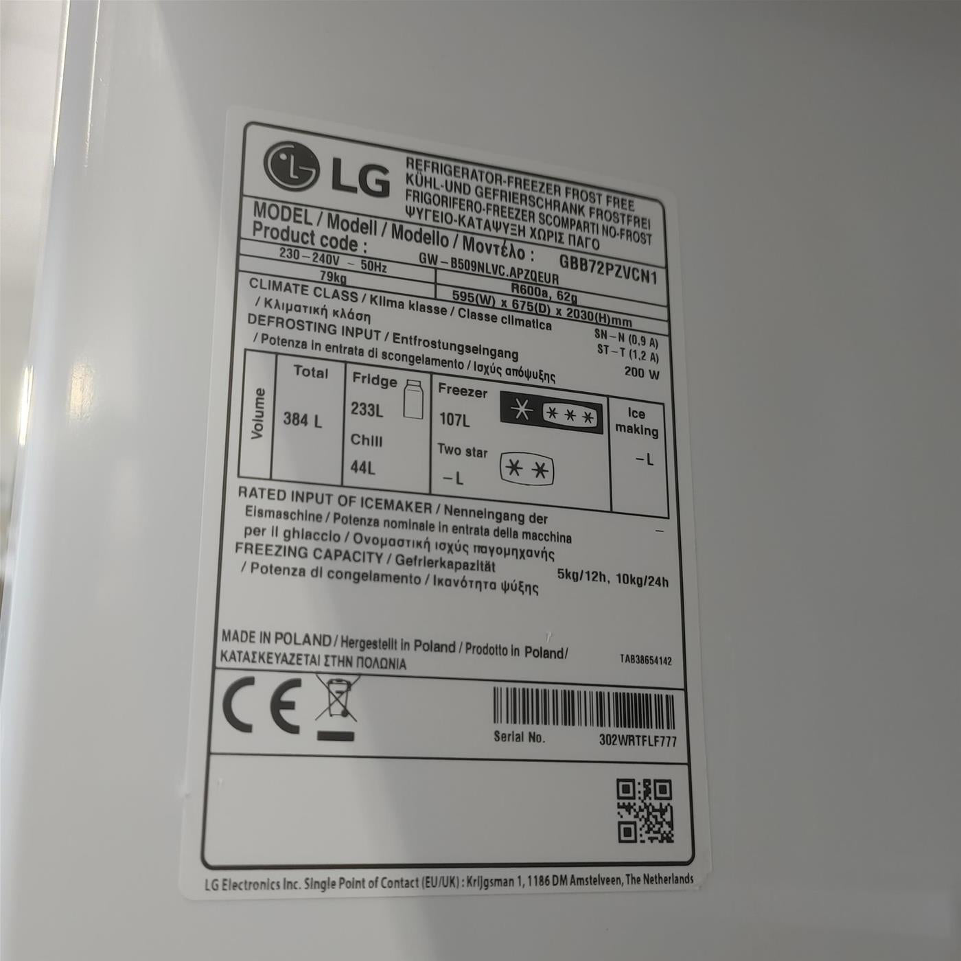 Frigorifero LG GBB72PZVCN1 384 L