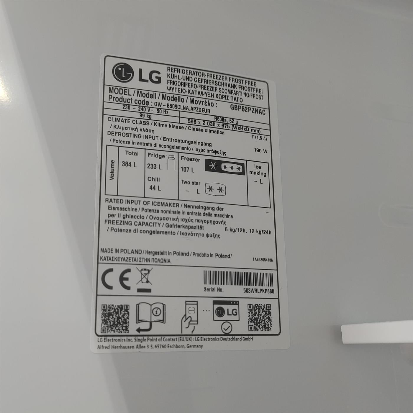 Frigorifero LG GBP62PZNAC 384 L