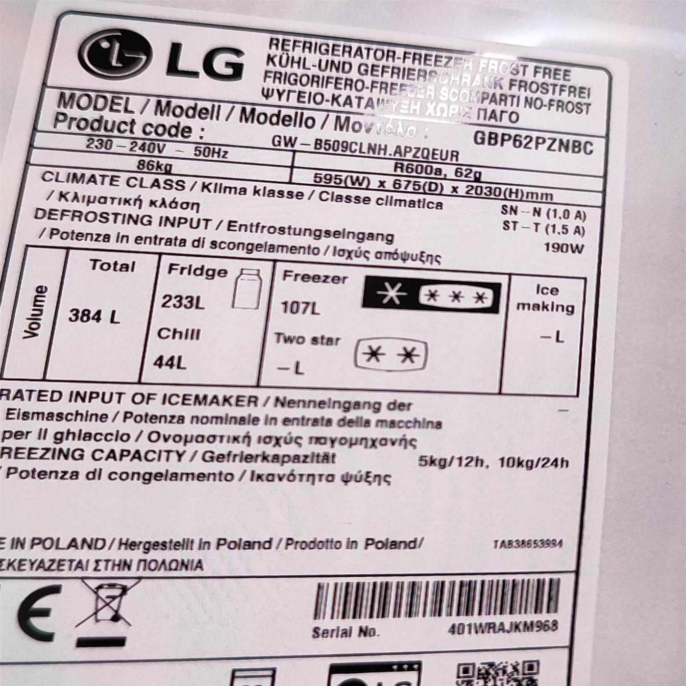 Frigorifero combinato LG GBP62PZNBC Libera installazione 384 L