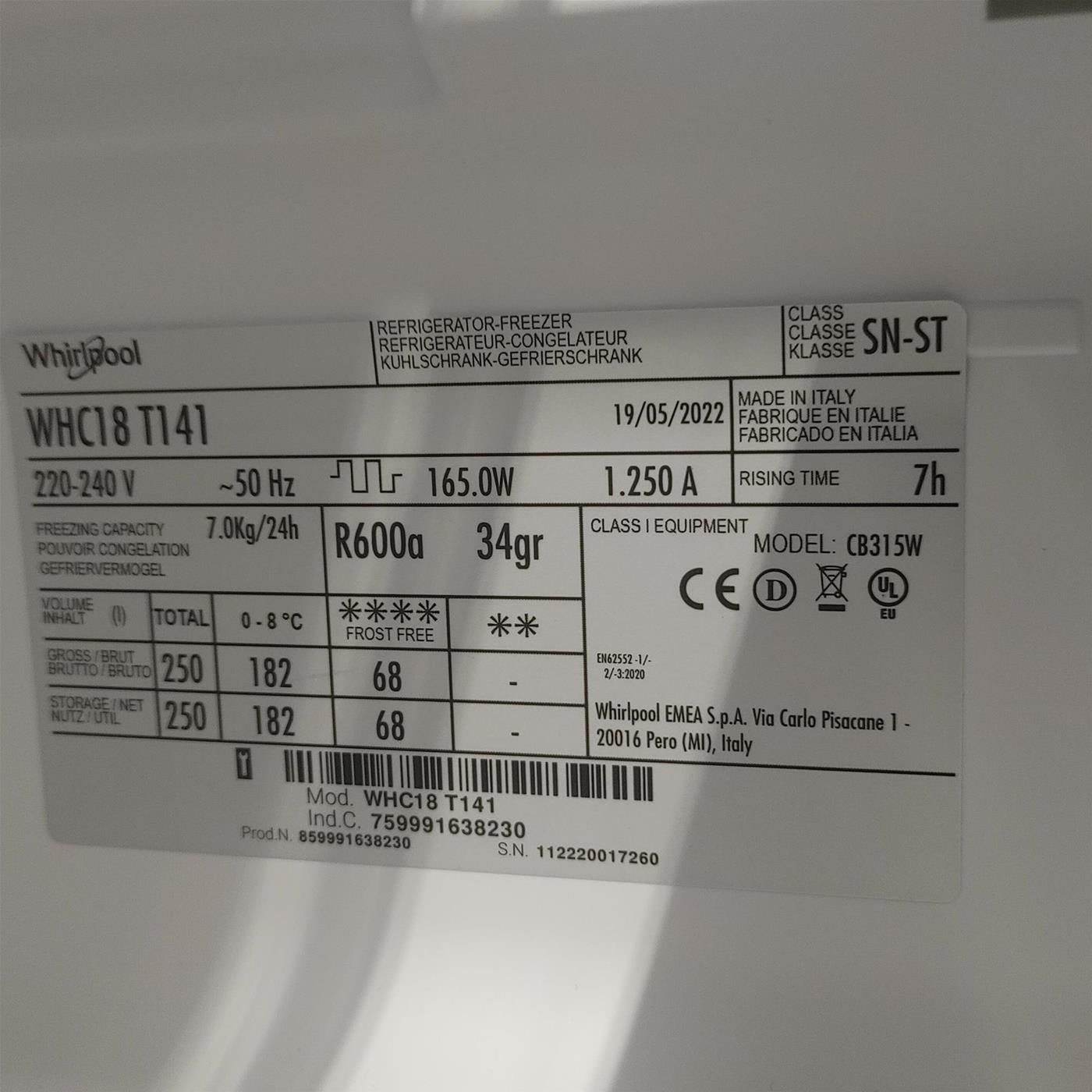 Whirlpool Total No Frost WHC18 T141 Incasso 250 LF Bianco