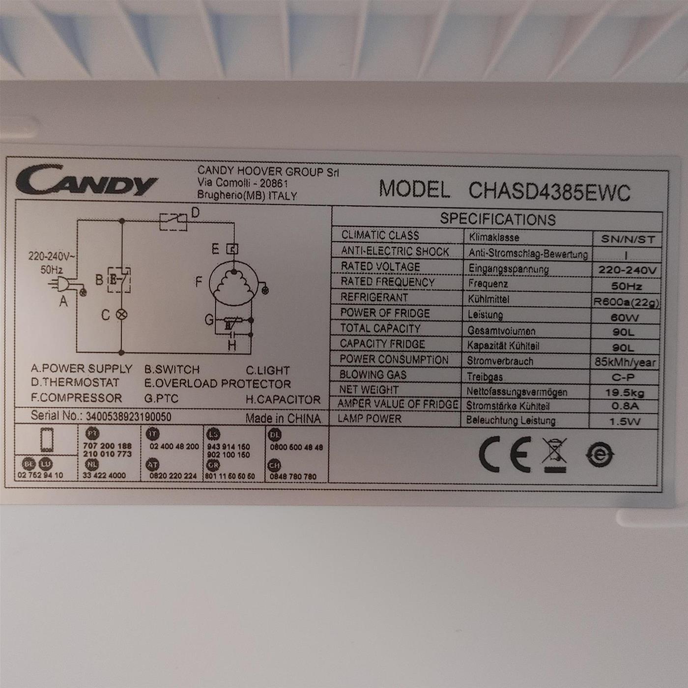 Candy CHASD4385EWC frigorifero Libera installazione 90 LE Bianco