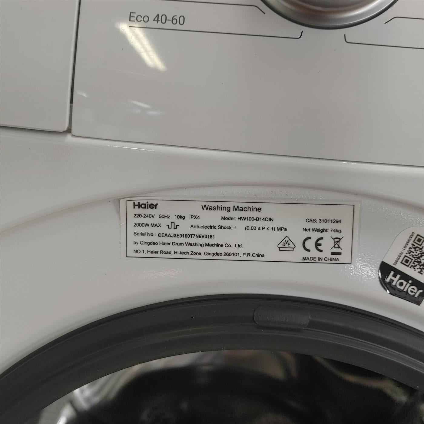 Lavatrice Haier Serie CIN HW100-B14CIN Carica frontale 10 kg 1400 giri/min Bianco