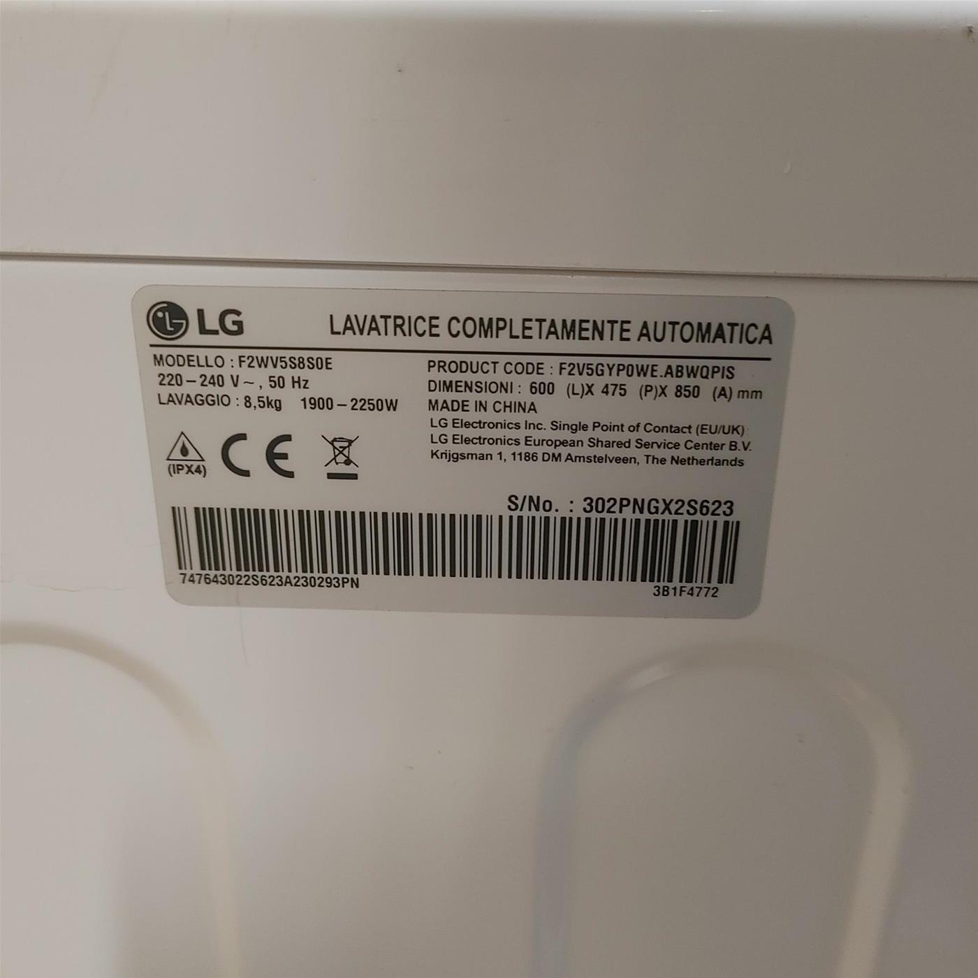 Lavatrice LG F2WV5S8S0E Caricamento frontale 8,5 kg 1200 Giri/min Bianco
