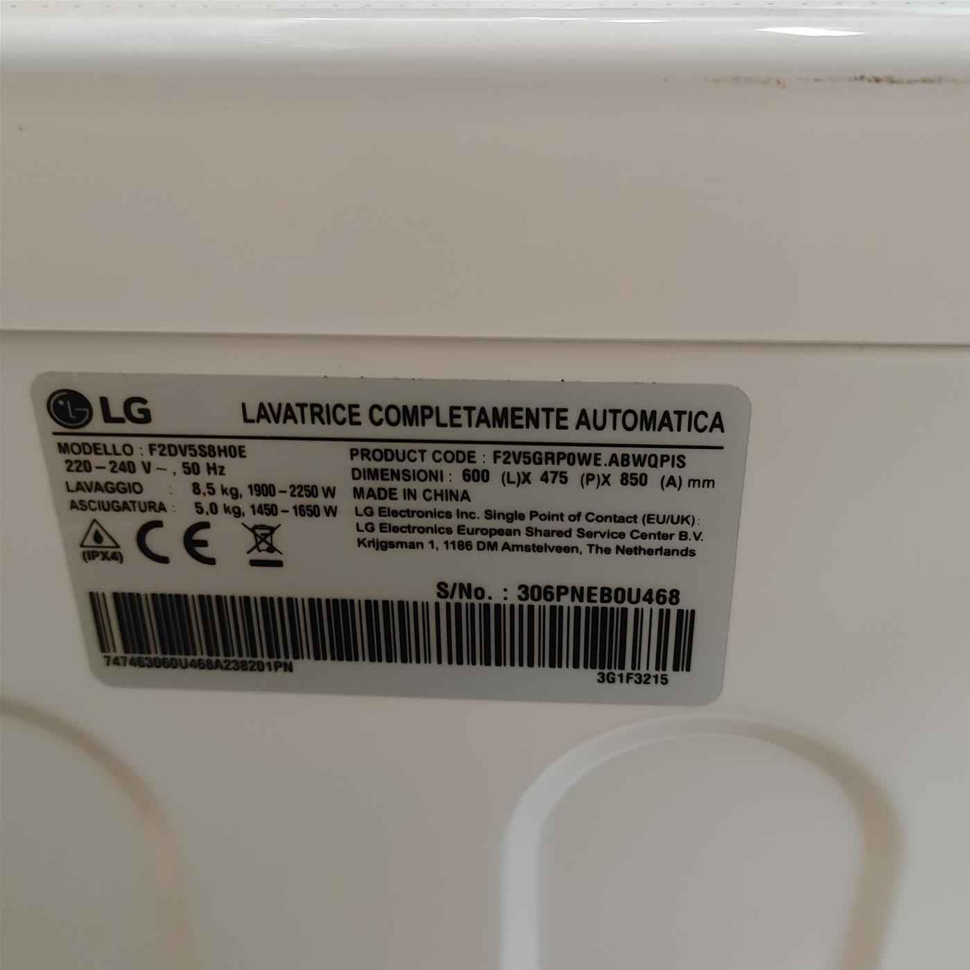 LG F2DV5S8H0E Lavasciuga Slim Intelligente AIDD 8.5/5kg Vapore TurboWash 1200 Giri/min Carica frontale Classe E