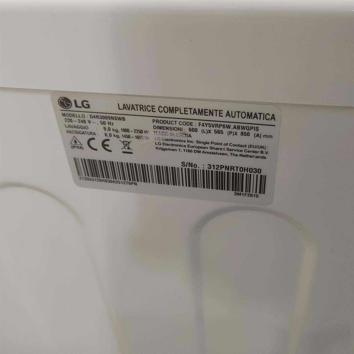 LG D4R3009NSWW Lavasciuga 9/6kg AI DD, Classe D, 1400 giri, Vapore, Eco Hybrid