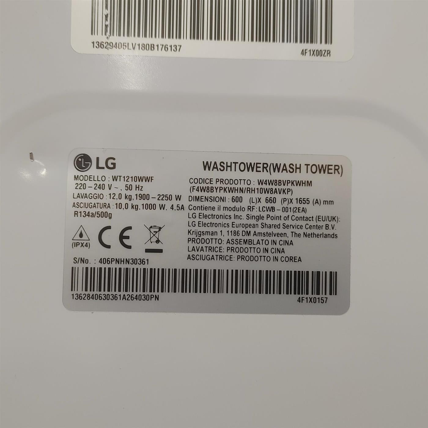 LG WT1210WWF lavatrice asciugatrice Libera installazione Carica frontale Bianco A