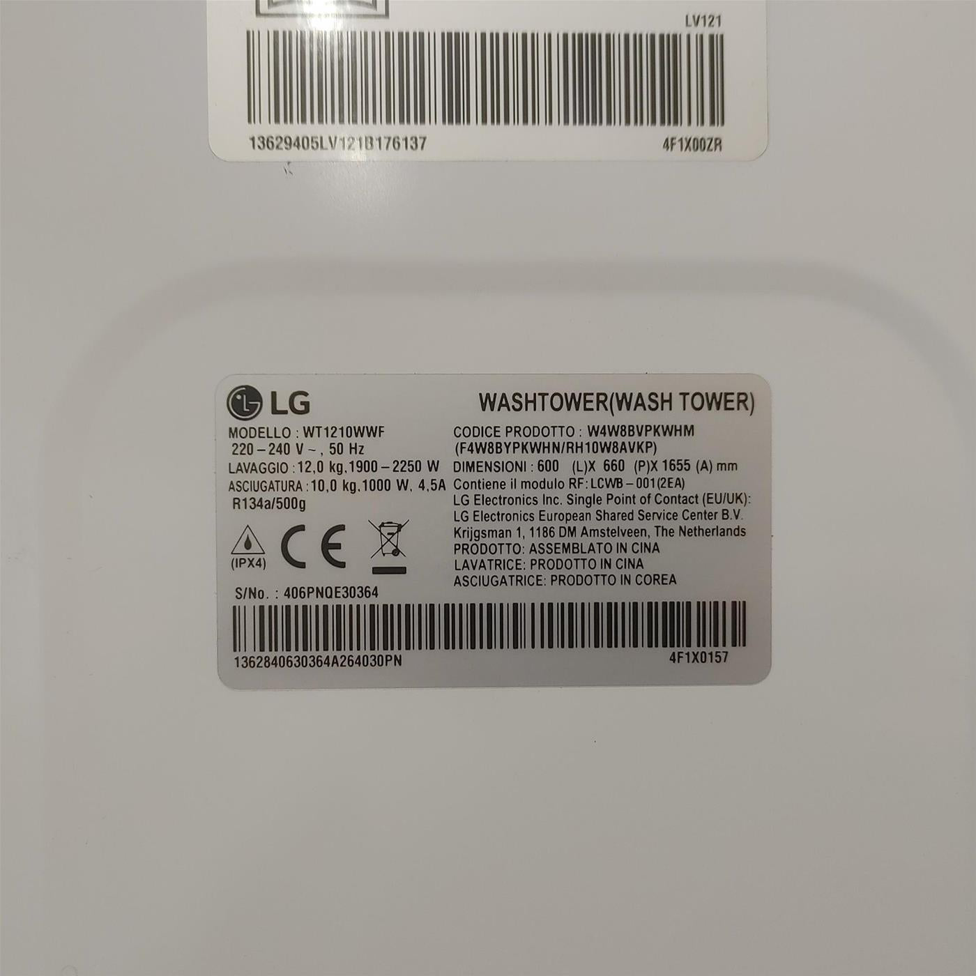 LG WT1210WWF lavatrice asciugatrice Libera installazione Carica frontale Bianco A