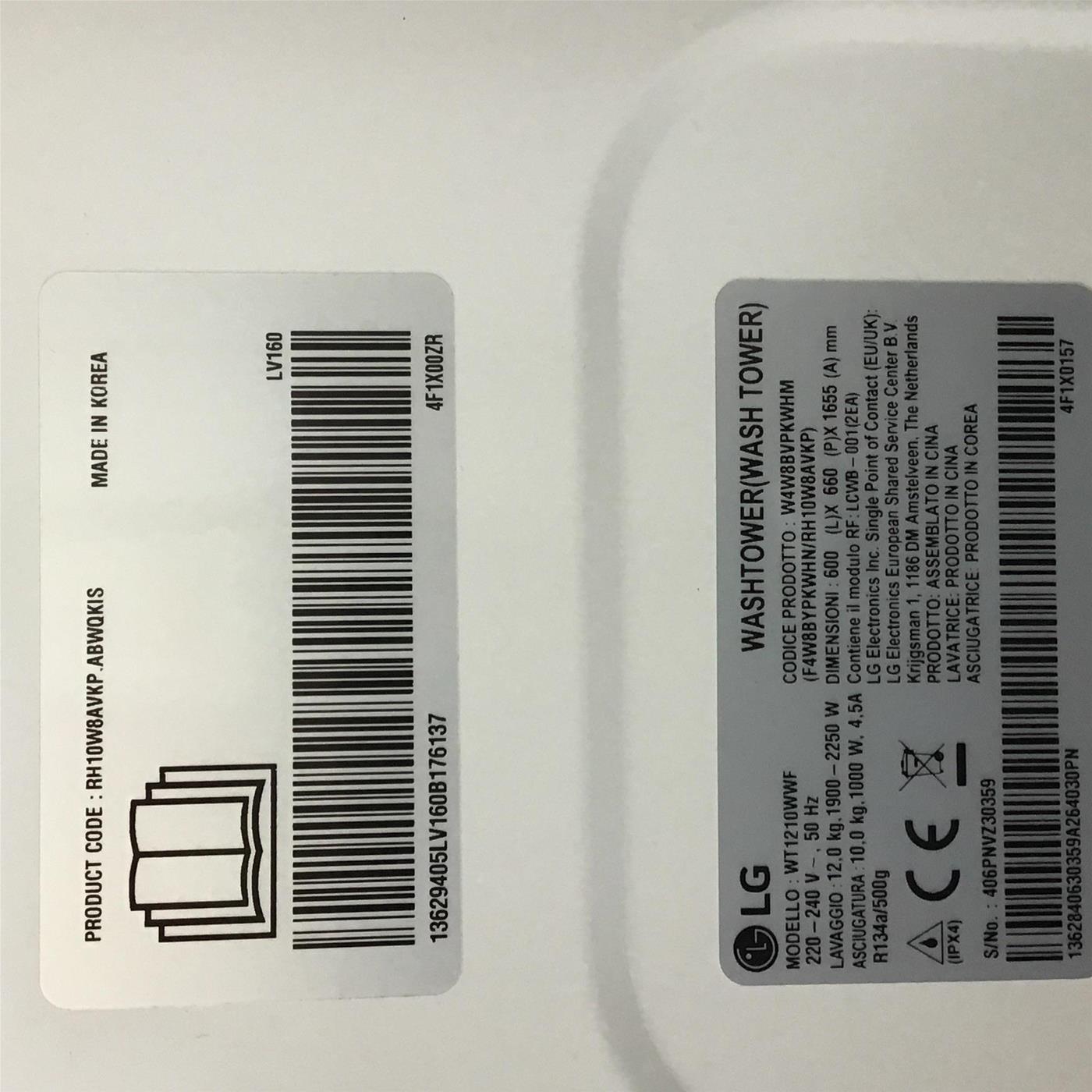 LG WT1210WWF lavatrice asciugatrice Libera installazione Carica frontale Bianco A