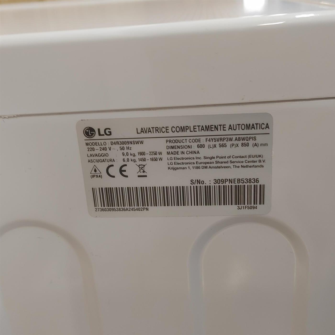 LG D4R3009NSWW Lavasciuga 9/6kg AI DD, Classe D, 1400 giri, Vapore, Eco Hybrid