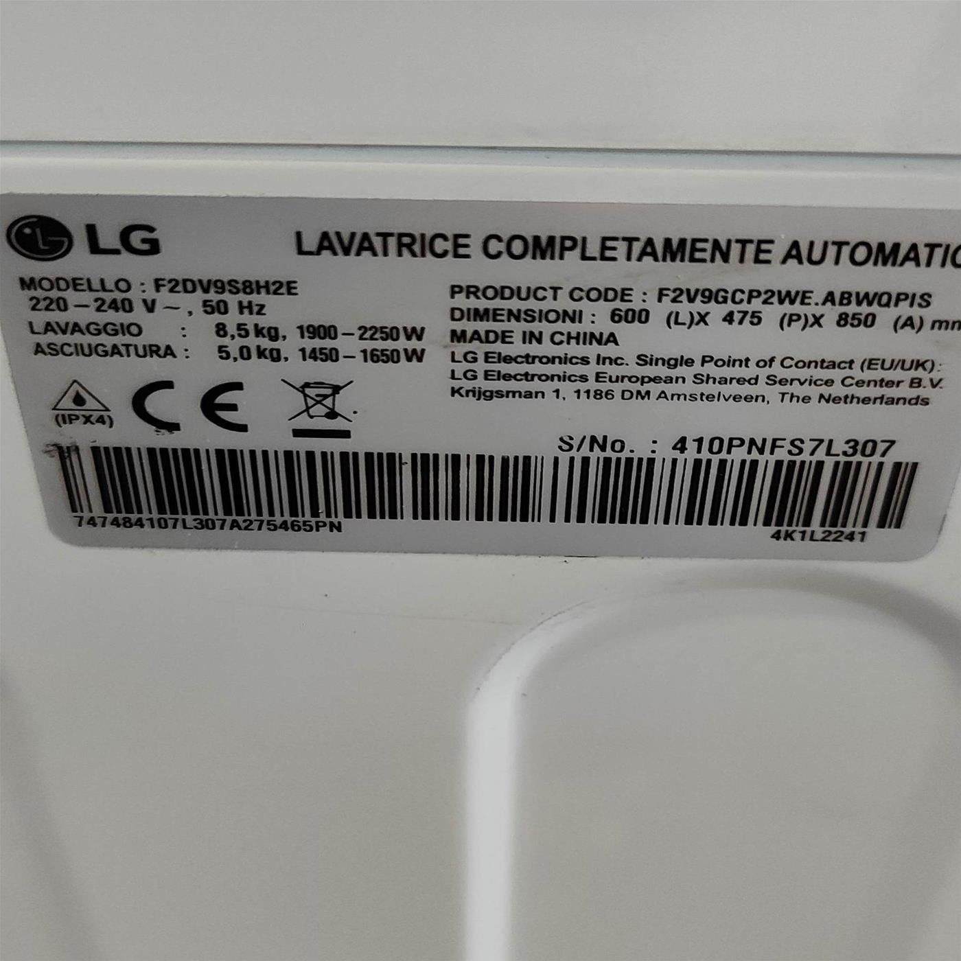 Lavasciuga intelligente LG F2DV9S8H2E Slim Vapore TurboWash 360 8.5/5 Kg