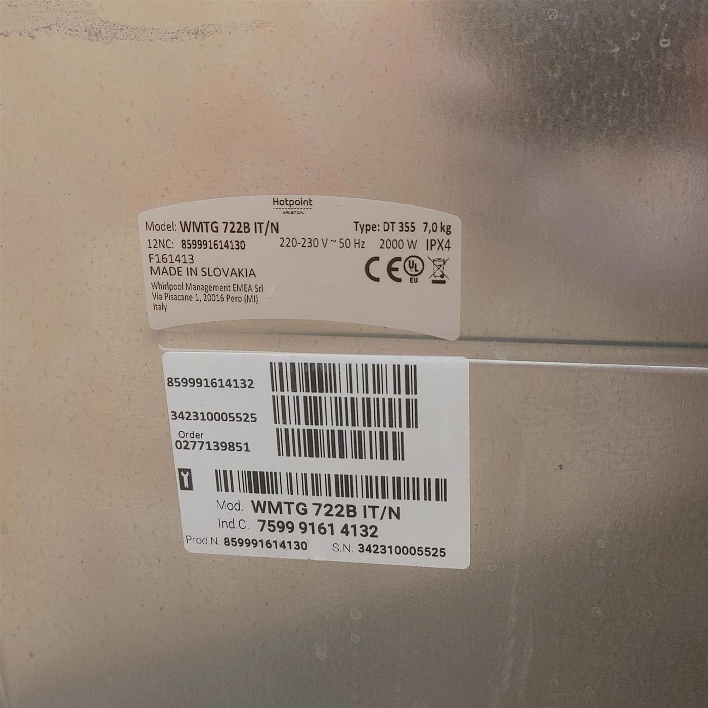 Lavatrice Hotpoint Ariston WMTG 722B IT/N Caricamento dall'alto
