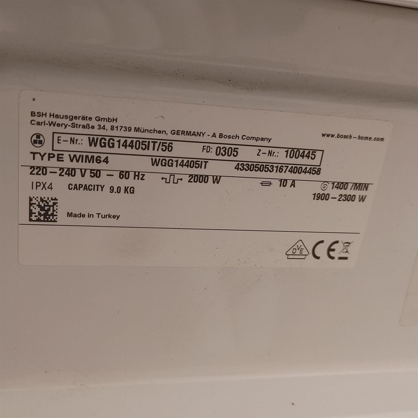 Lavatrice Bosch WGG14405IT Carica frontale 9 kg 1400 Giri/min Bianco