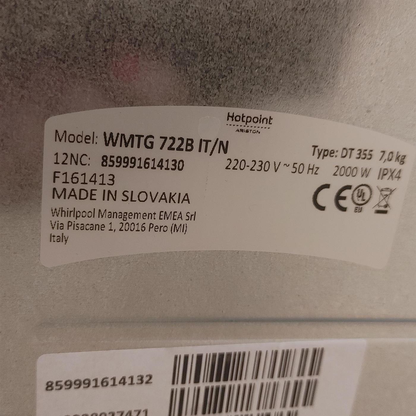 Hotpoint WMTG 722B IT/N lavatrice Caricamento dall'alto 7 kg 1200 Giri/min Bianco