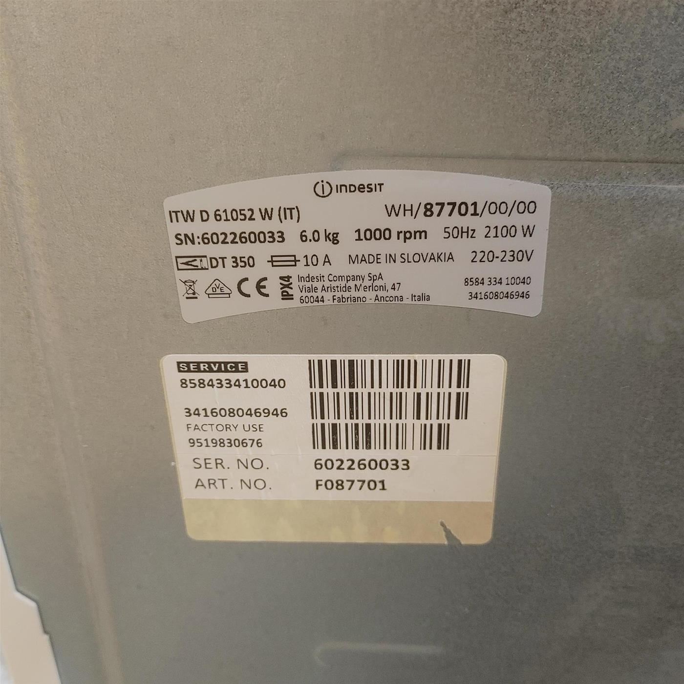 Indesit ITWD 61052 G (PL) lavatrice Caricamento dall'alto 6 kg 1000 Giri/min Bianco