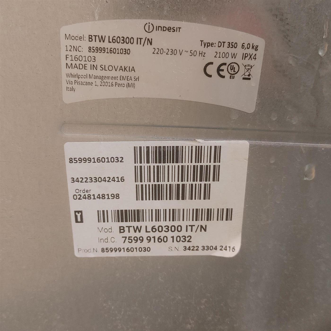 Lavatrice Indesit BTW L60300 IT/N libera installazione