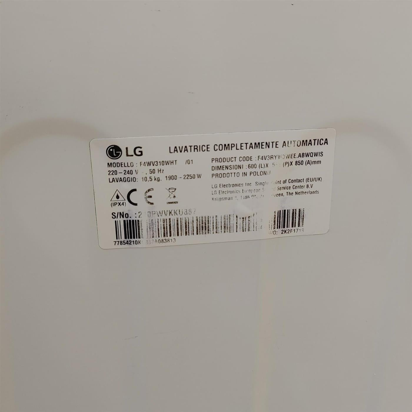 LG F4WV310WHT lavatrice Caricamento frontale 10,5 kg 1360 Giri/min B Bianco