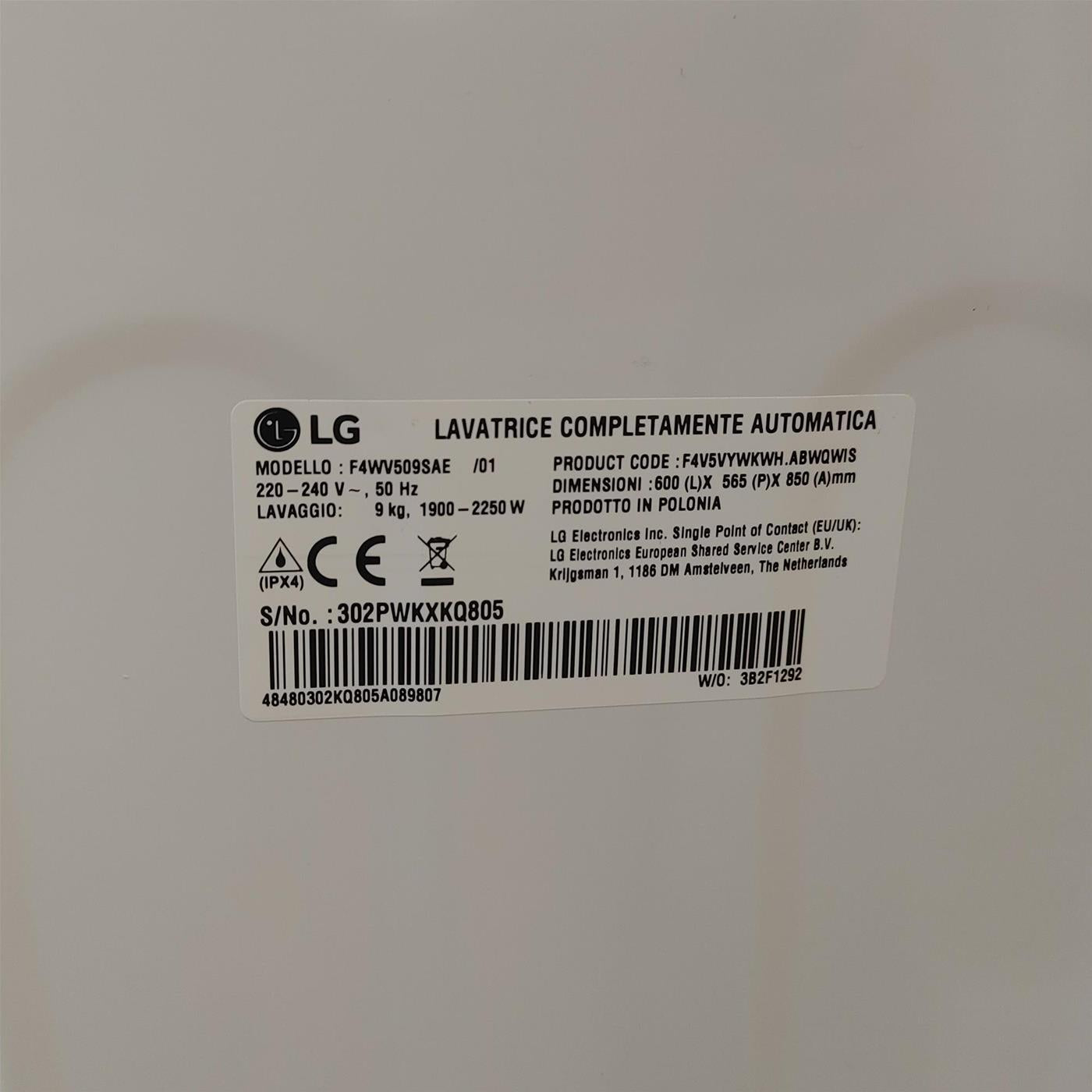 Lavatrice LG F4WV509SAE Carica frontale 9 kg 1400 Giri/min Bianco