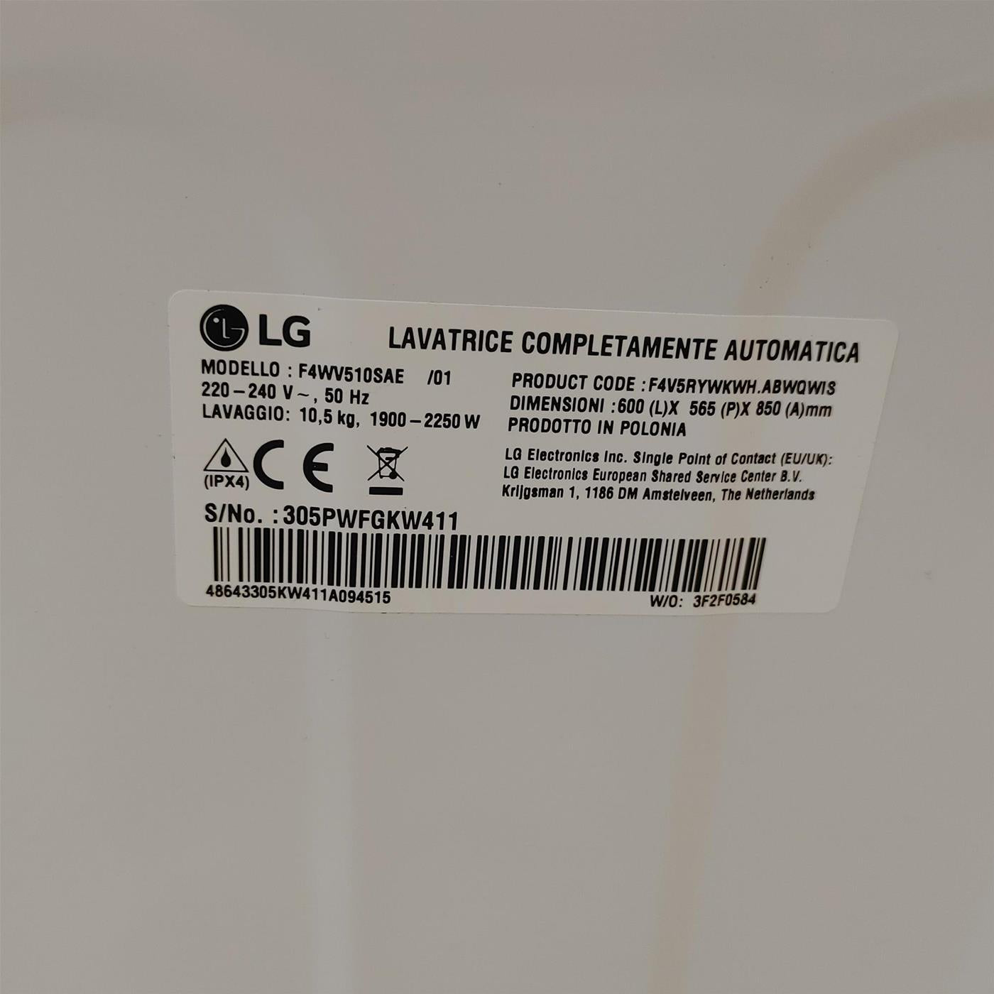 LG F4WV510SAE lavatrice Caricamento frontale 10,5 kg 1400 Giri/min A Bianco