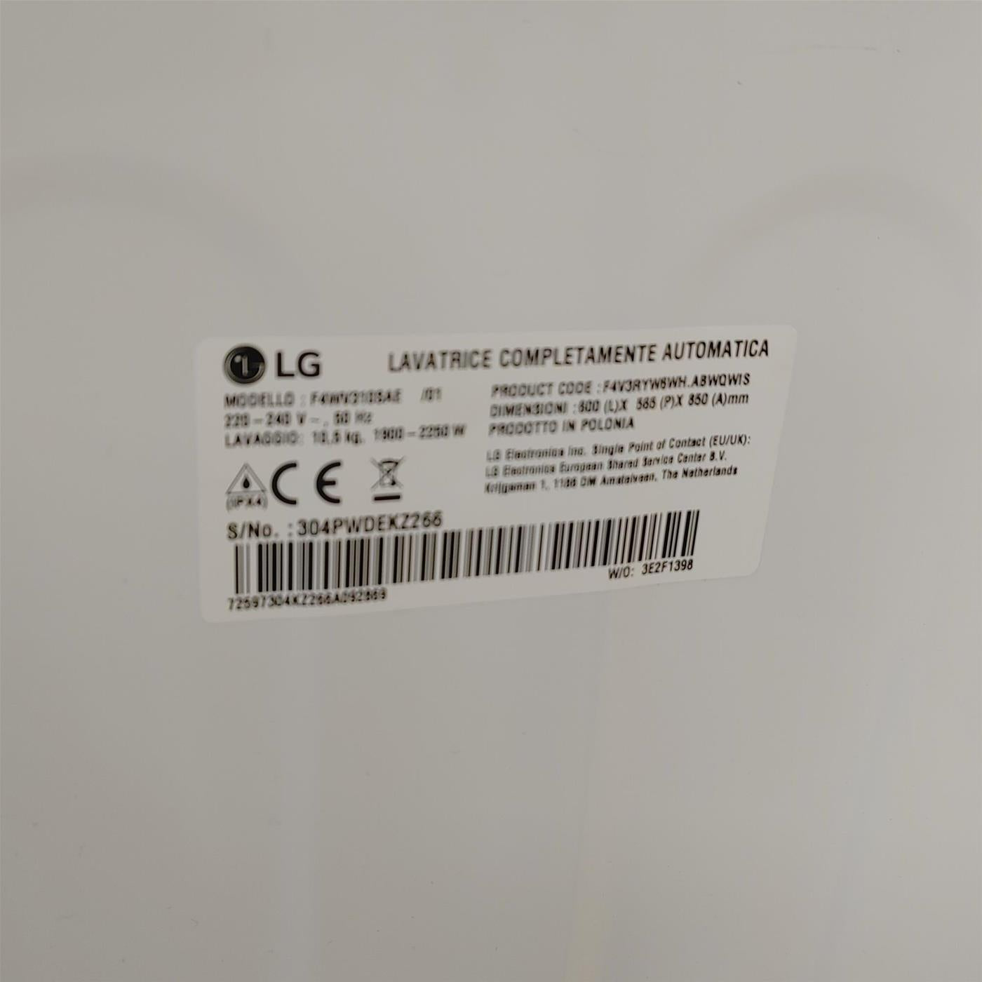 LG F4WV310SAE lavatrice Caricamento frontale 10,5 kg 1400 Giri/min A Bianco