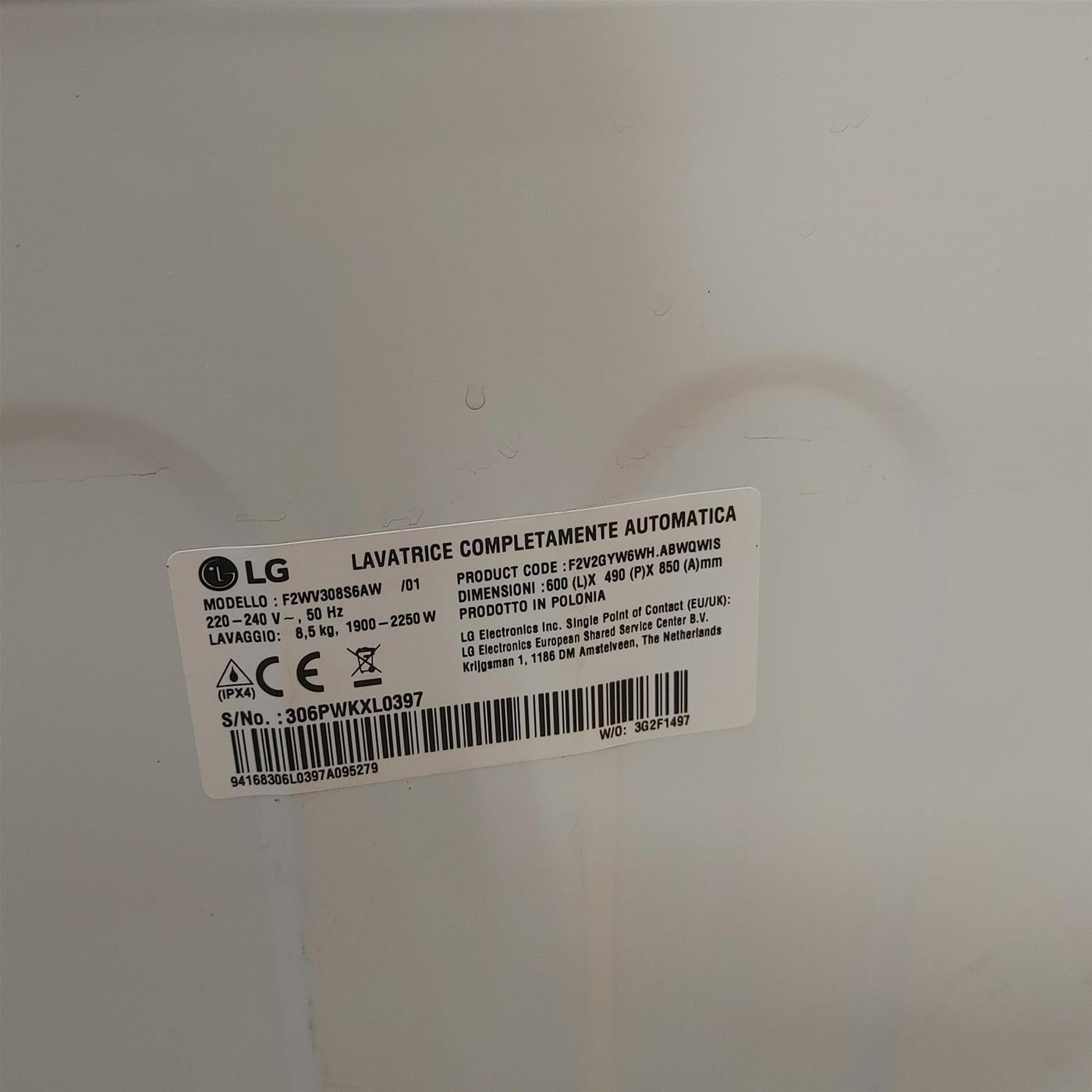 Lavatrice LG F2WV308S6AW Carica frontale 8,5 kg 1170 Giri/min Bianco