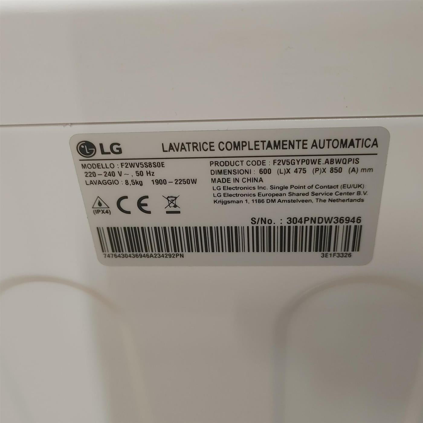 Lavatrice LG F2WV5S8S0E Caricamento frontale 8,5 kg 1200 Giri/min Bianco