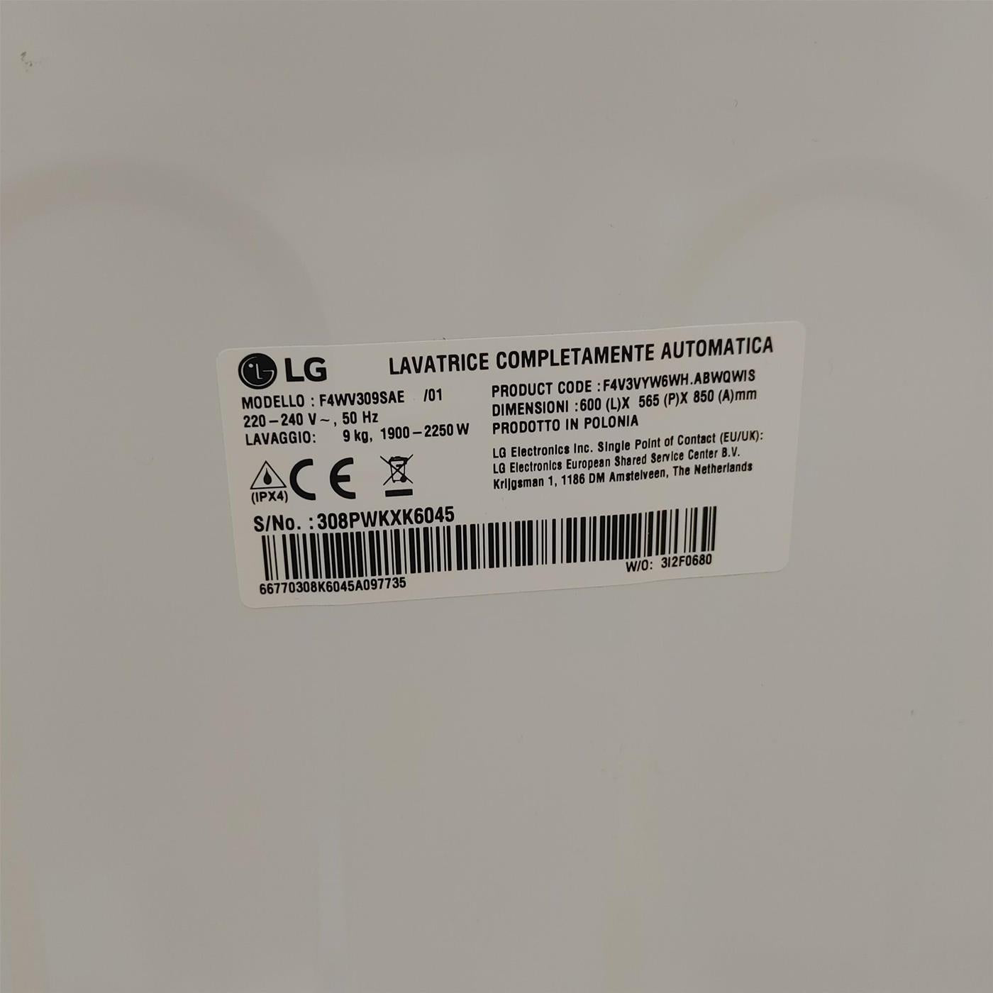 Lavatrice LG F4WV309SAE Carica frontale 9 kg 1400 Giri/min Bianco