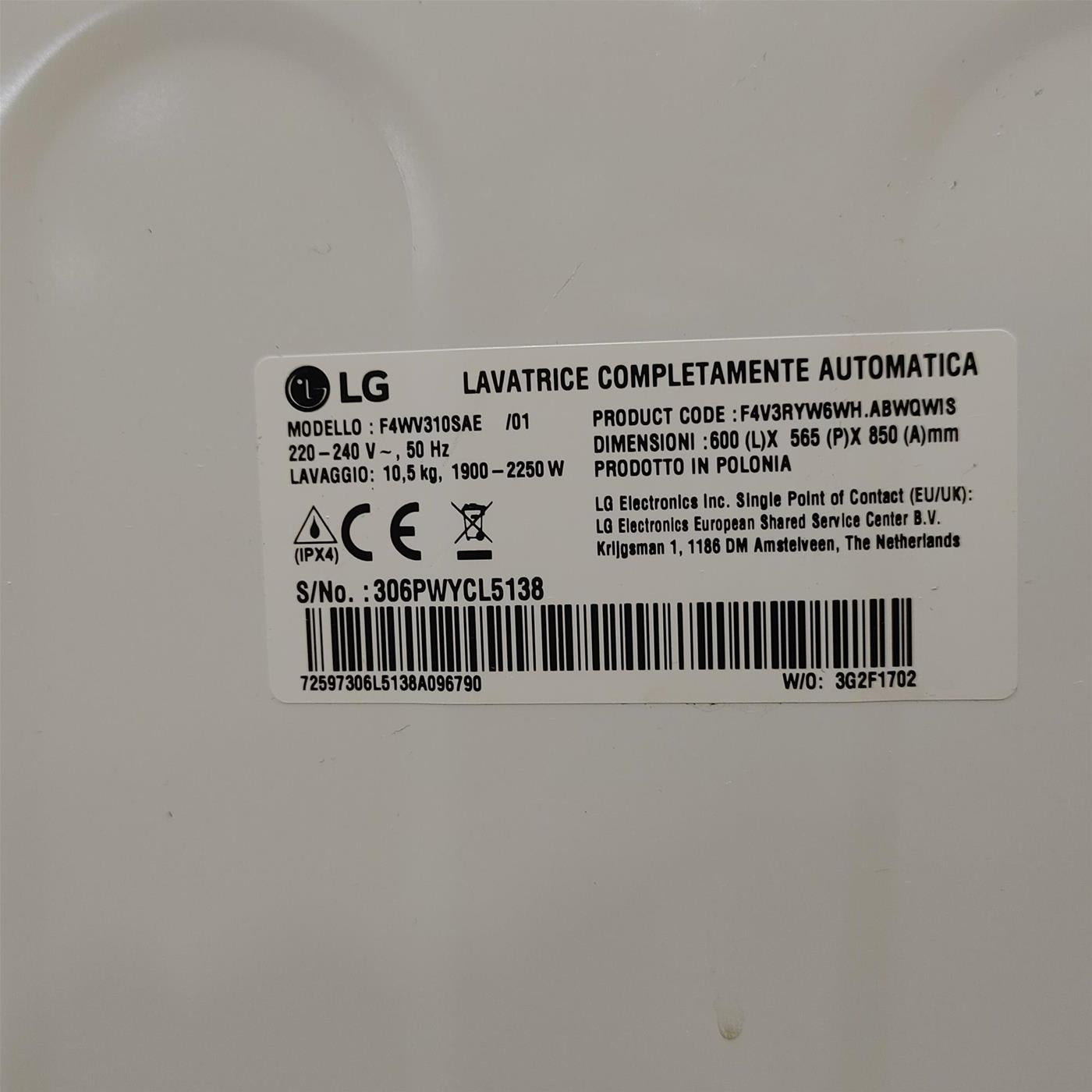 LG F4WV310SAE lavatrice Caricamento frontale 10,5 kg 1400 Giri/min A Bianco