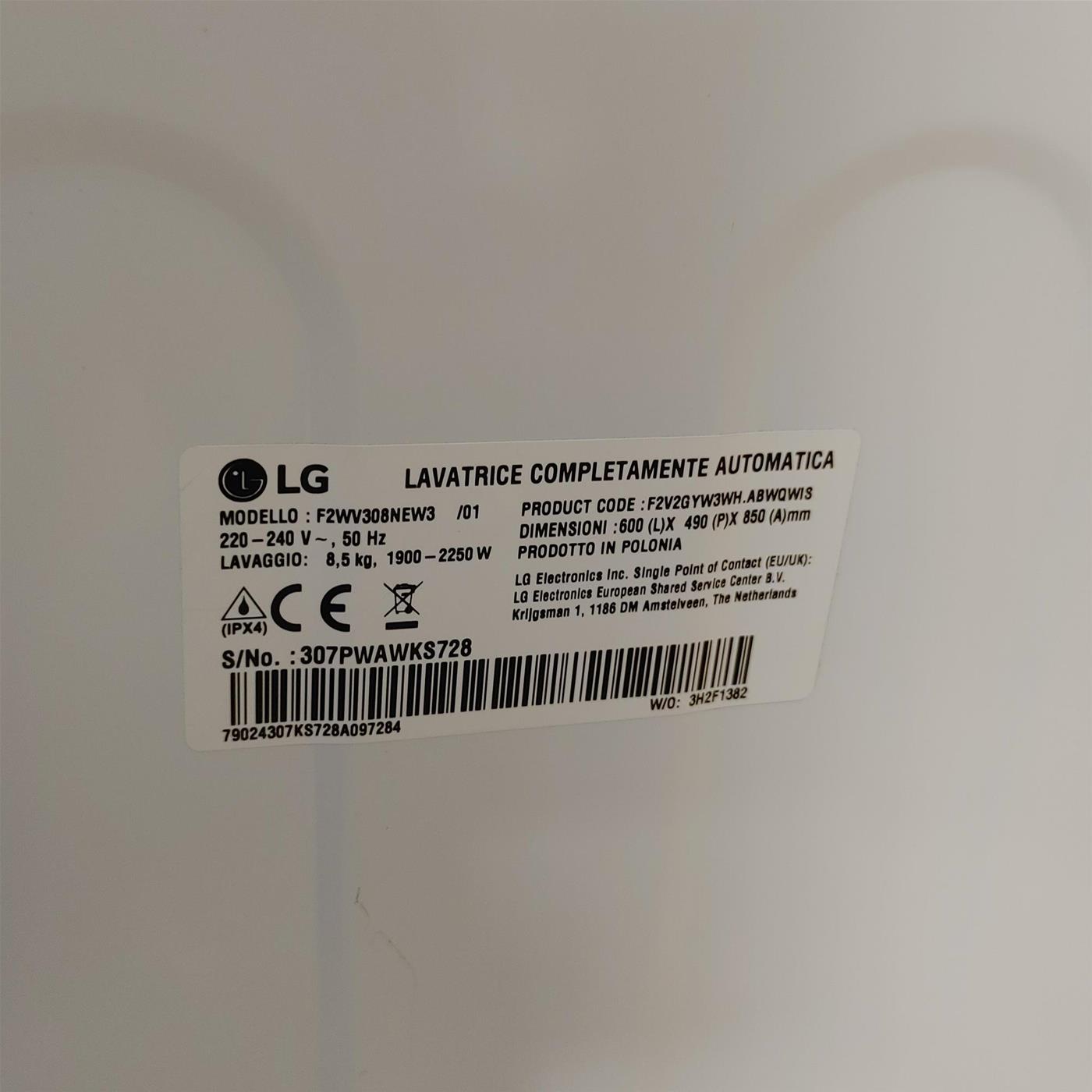 Lavatrice LG F2WV308NEW3 Carica frontale 8,5 kg 1200 Giri/min Bianco